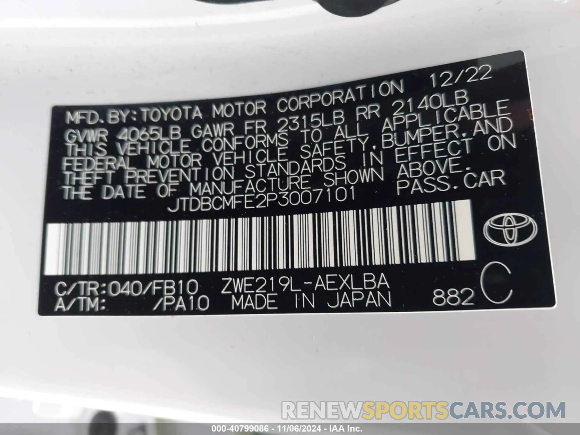 9 Фотография поврежденного автомобиля JTDBCMFE2P3007101 TOYOTA COROLLA 2023