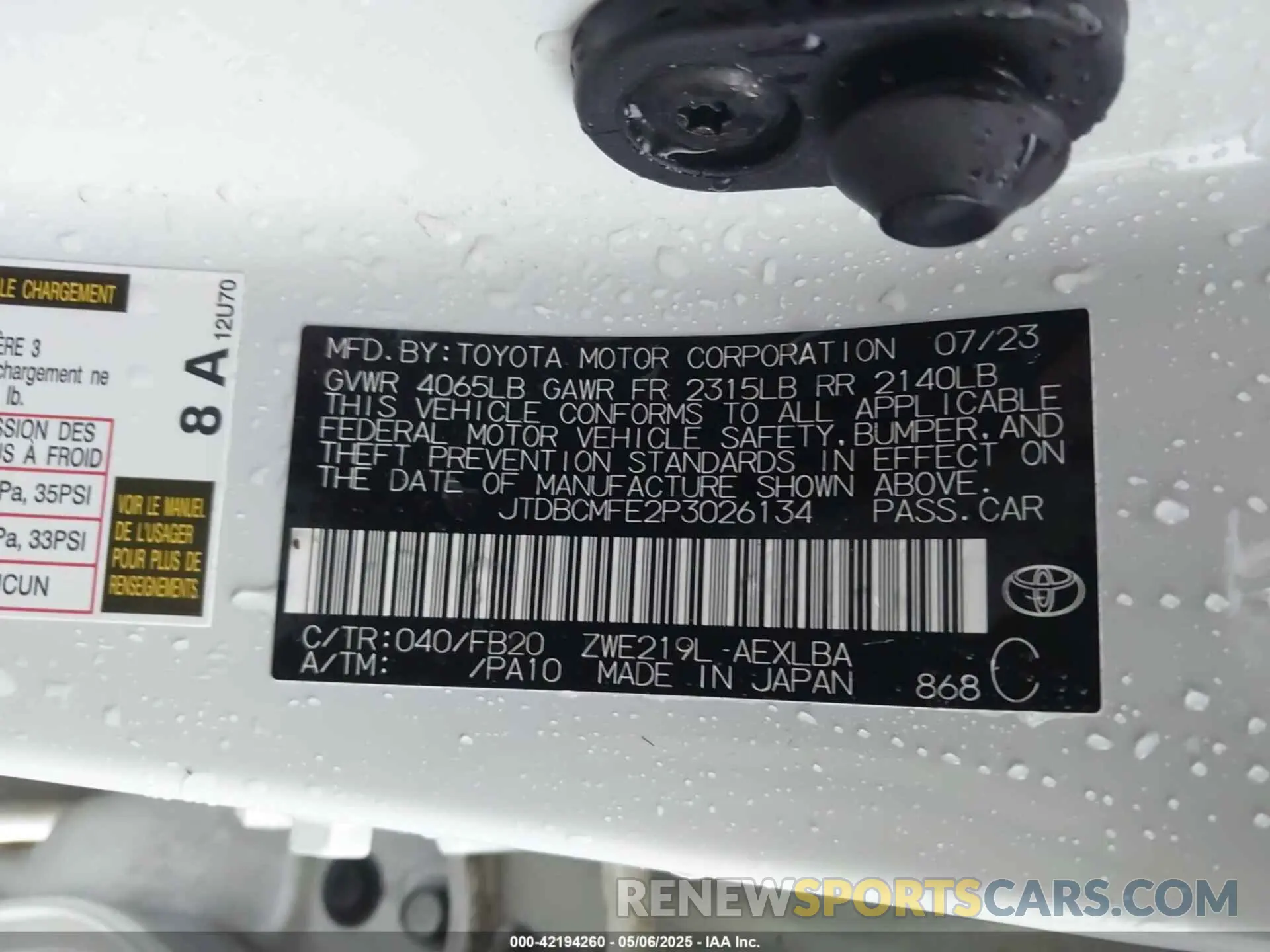 9 Фотография поврежденного автомобиля JTDBCMFE2P3026134 TOYOTA COROLLA 2023