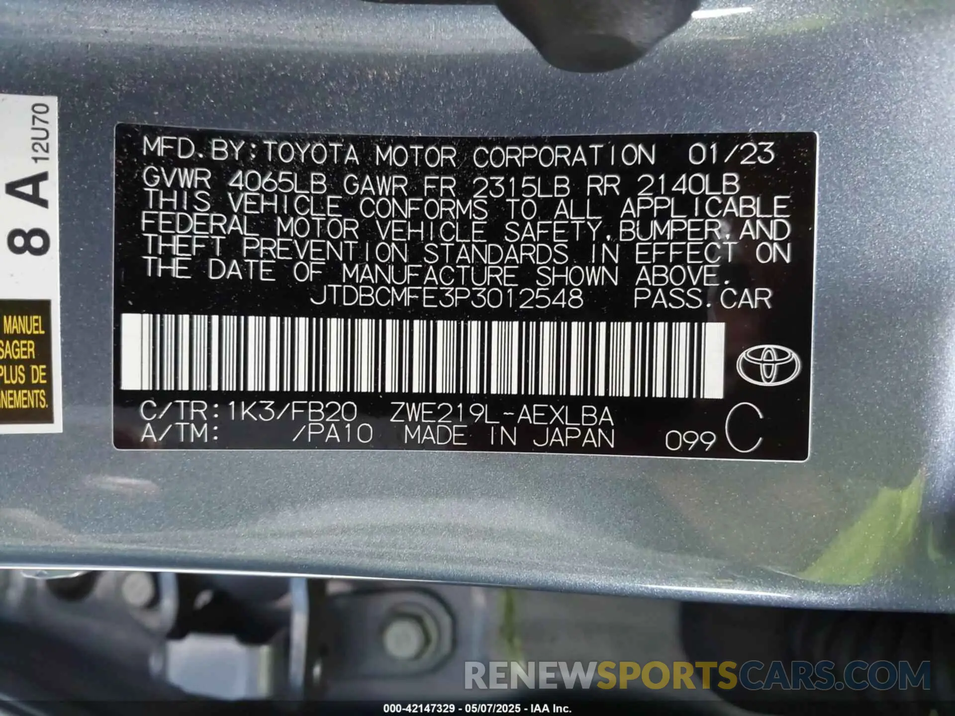9 Photograph of a damaged car JTDBCMFE3P3012548 TOYOTA COROLLA 2023