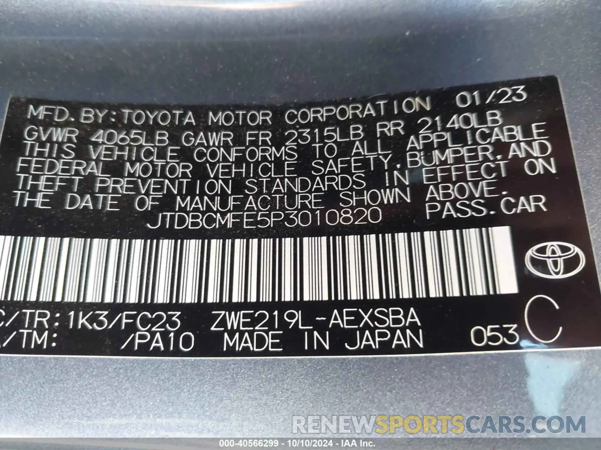 9 Фотография поврежденного автомобиля JTDBCMFE5P3010820 TOYOTA COROLLA 2023