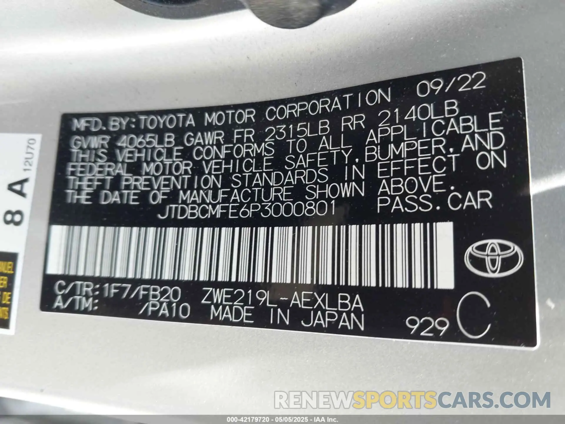 9 Фотография поврежденного автомобиля JTDBCMFE6P3000801 TOYOTA COROLLA 2023