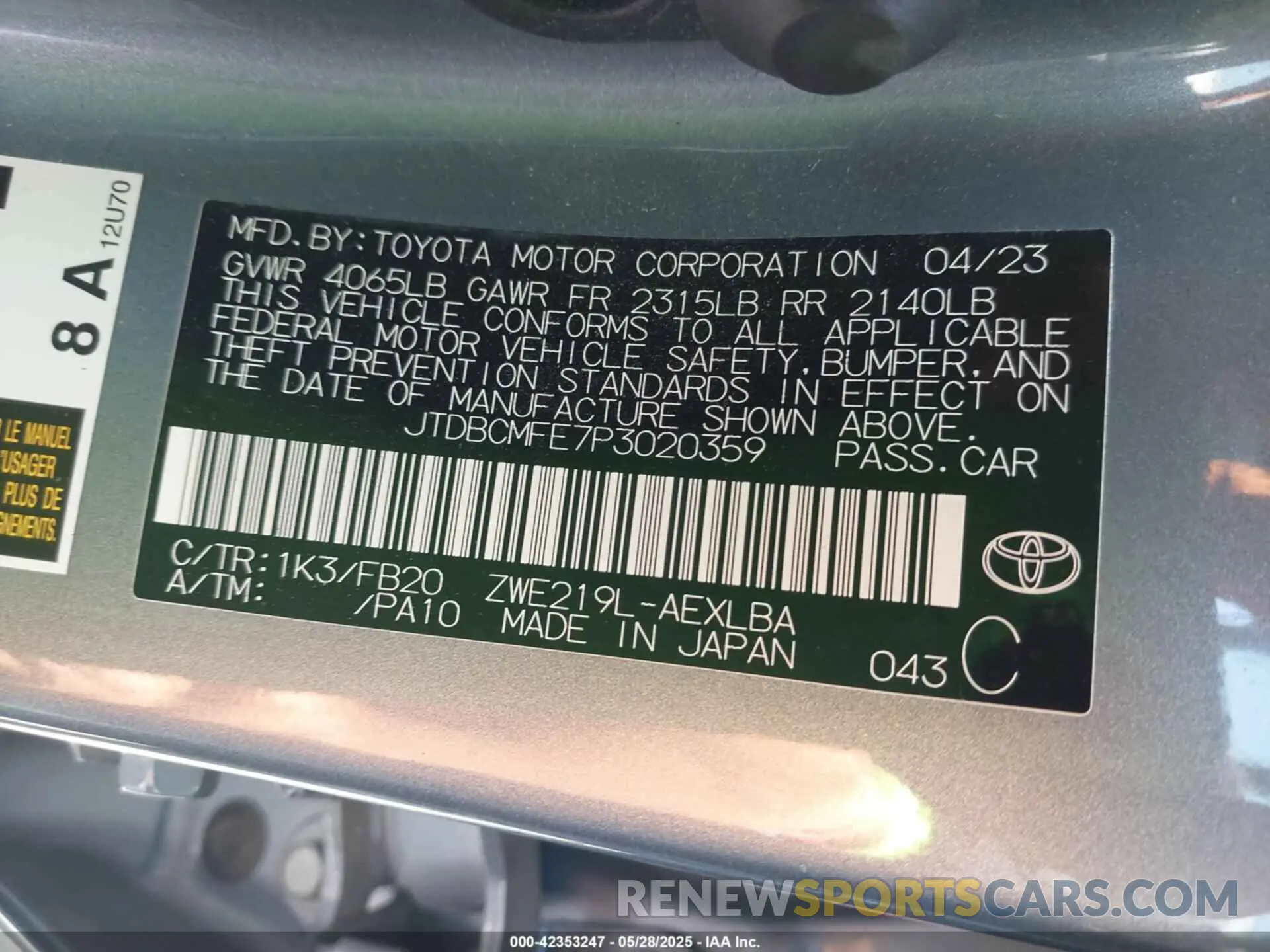 9 Фотография поврежденного автомобиля JTDBCMFE7P3020359 TOYOTA COROLLA 2023