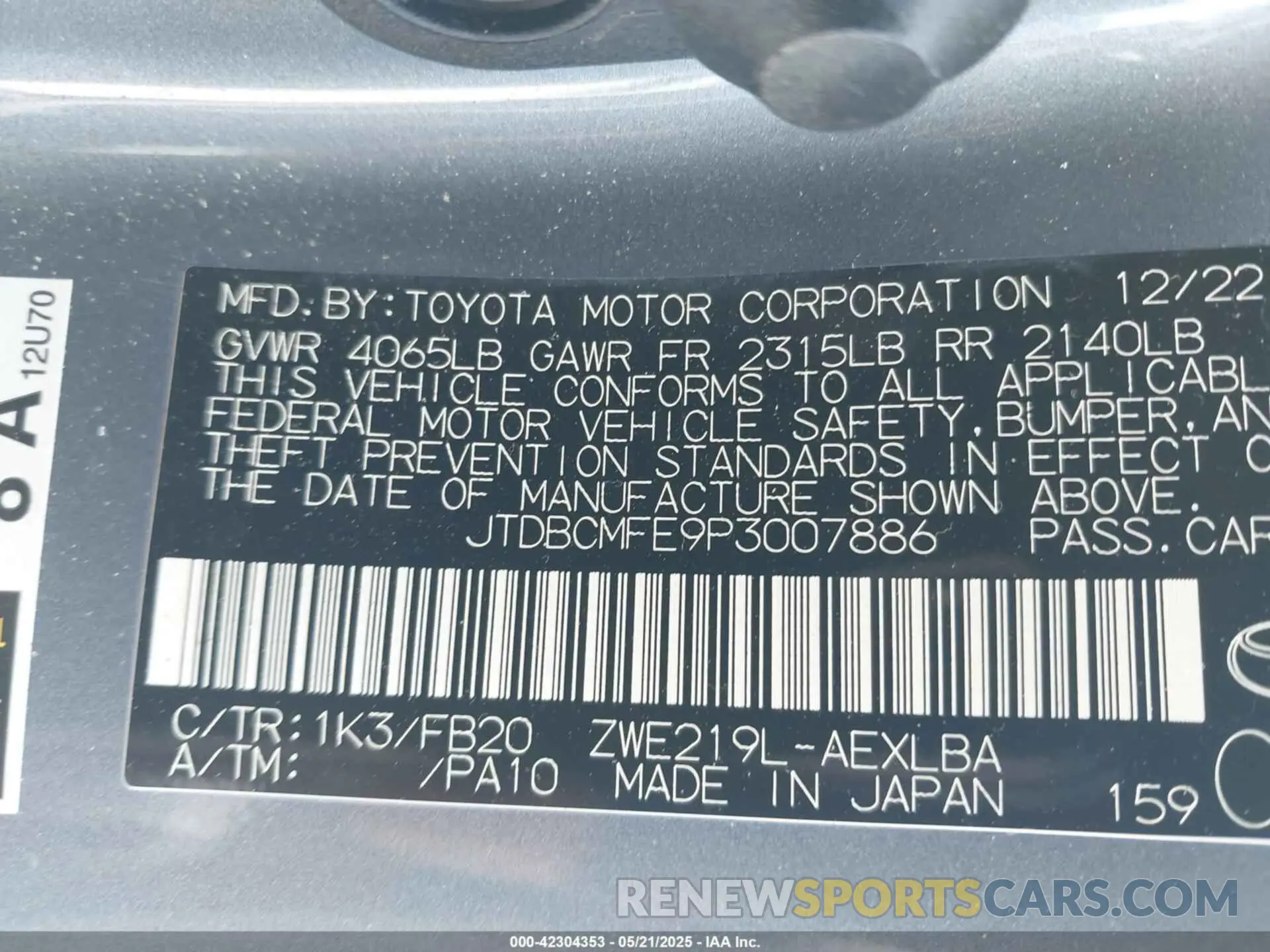 9 Фотография поврежденного автомобиля JTDBCMFE9P3007886 TOYOTA COROLLA 2023