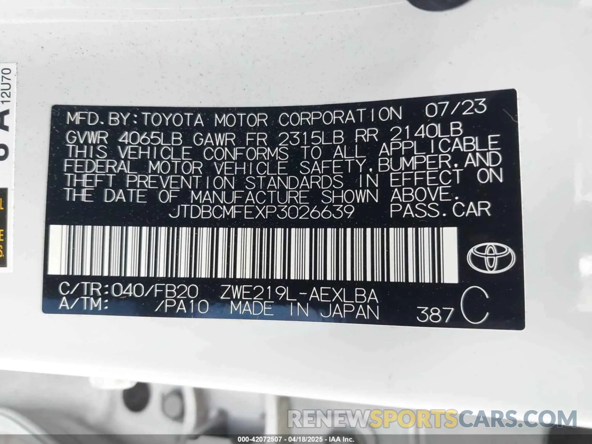 9 Фотография поврежденного автомобиля JTDBCMFEXP3026639 TOYOTA COROLLA 2023