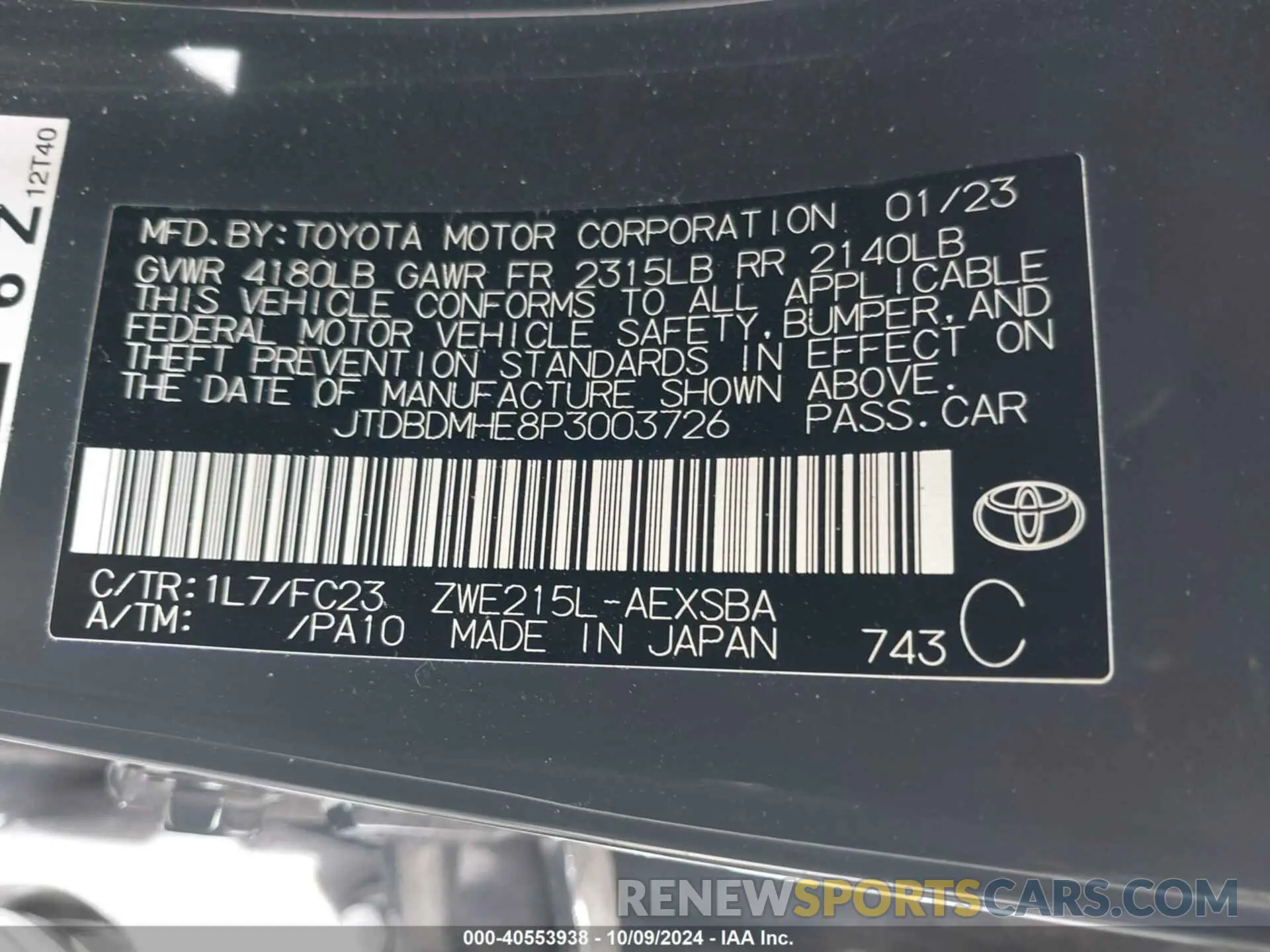9 Photograph of a damaged car JTDBDMHE8P3003726 TOYOTA COROLLA 2023