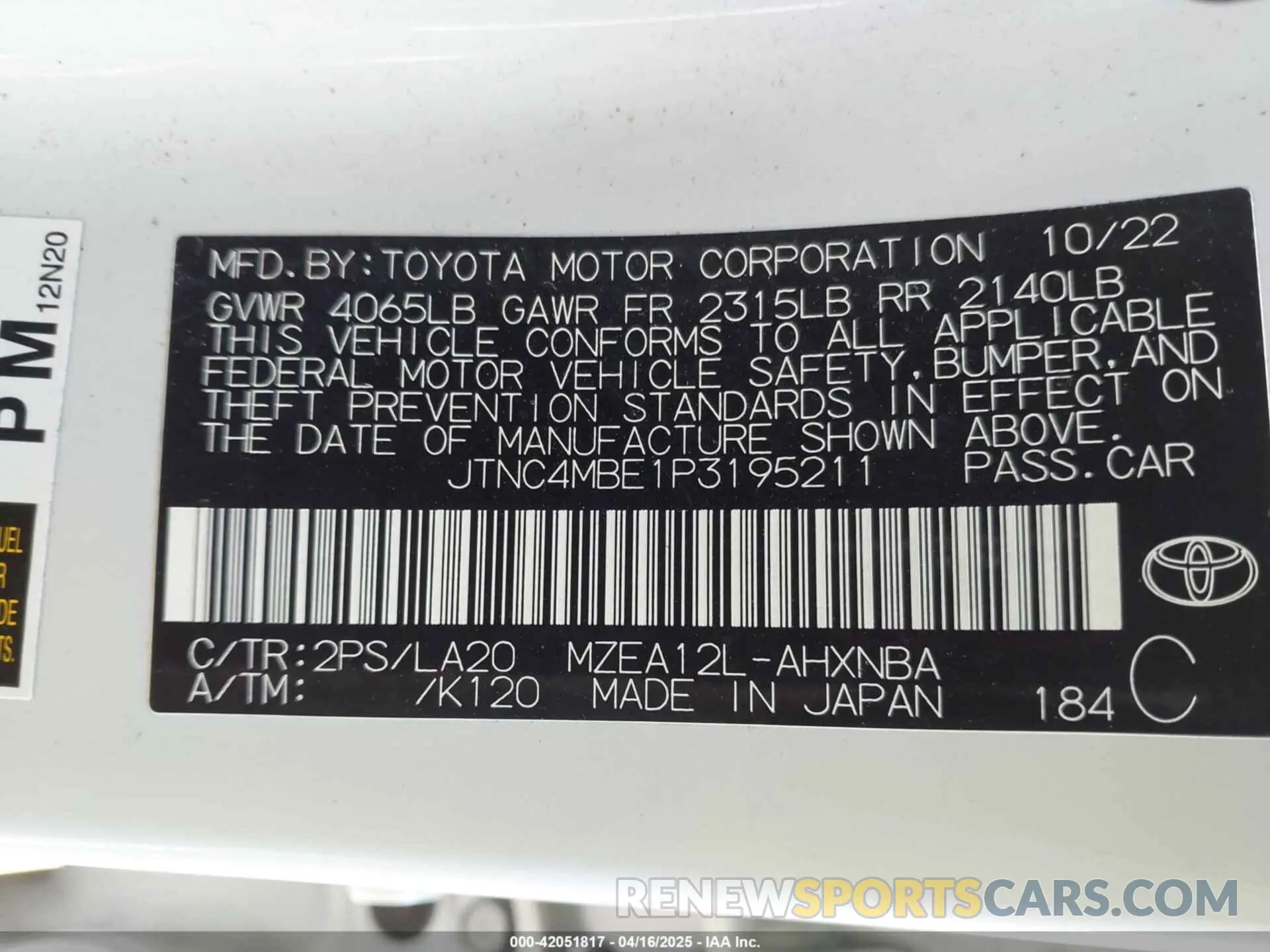 9 Фотография поврежденного автомобиля JTNC4MBE1P3195211 TOYOTA COROLLA 2023