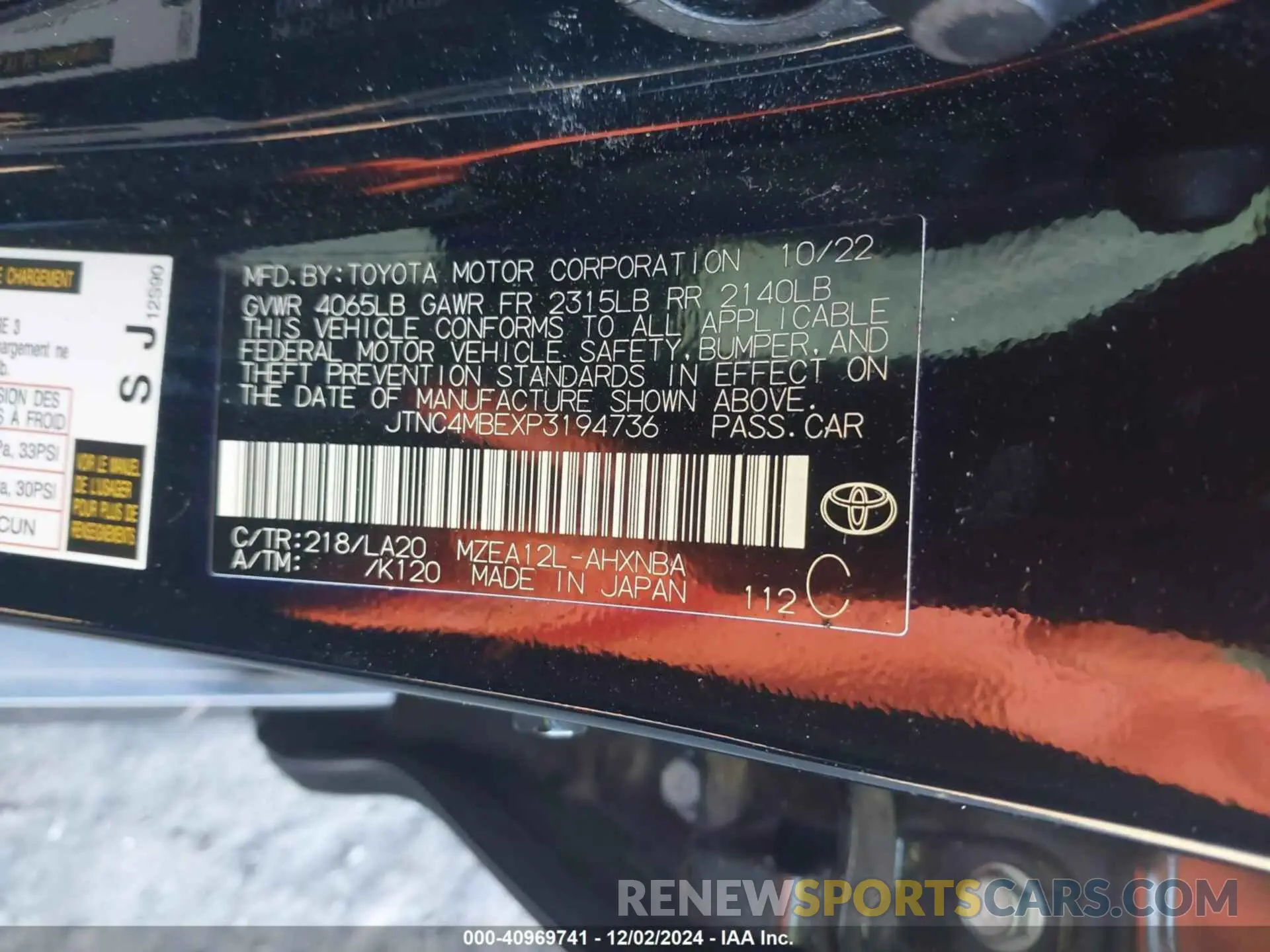 9 Фотография поврежденного автомобиля JTNC4MBEXP3194736 TOYOTA COROLLA 2023