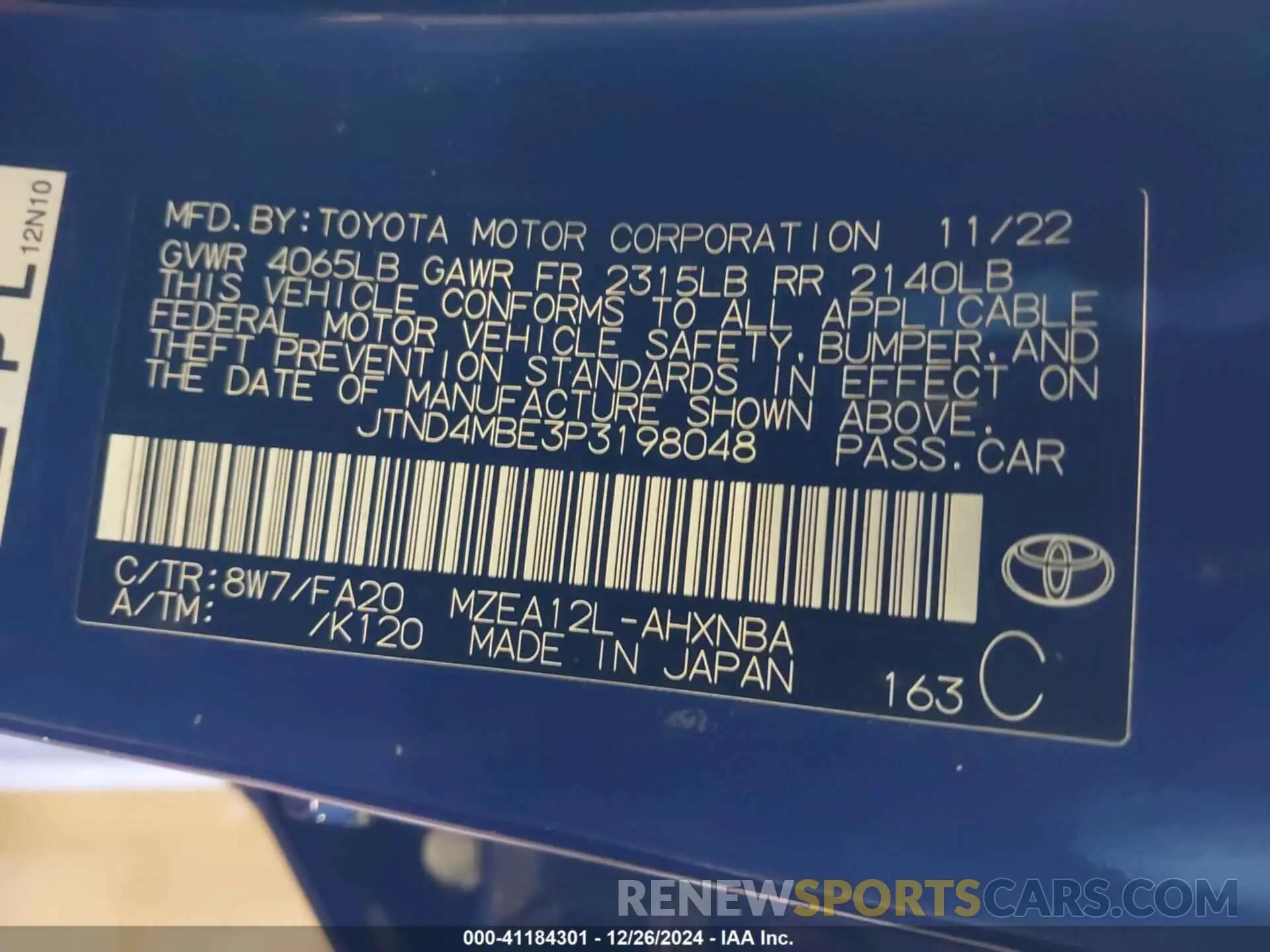 9 Фотография поврежденного автомобиля JTND4MBE3P3198048 TOYOTA COROLLA 2023
