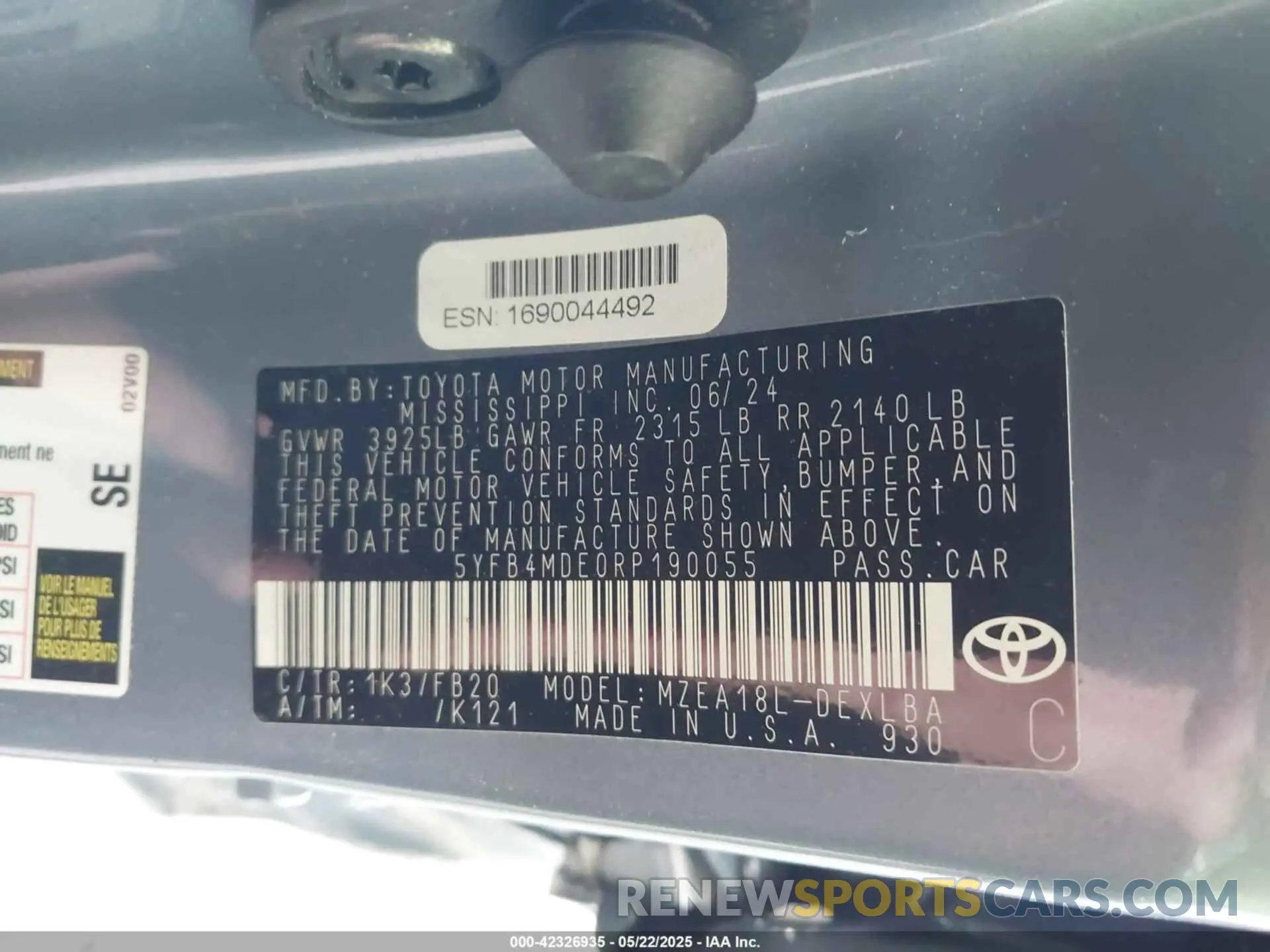9 Photograph of a damaged car 5YFB4MDE0RP190055 TOYOTA COROLLA 2024