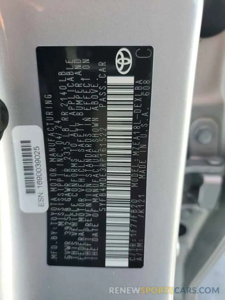 12 Фотография поврежденного автомобиля 5YFB4MDE3RP161522 TOYOTA COROLLA 2024