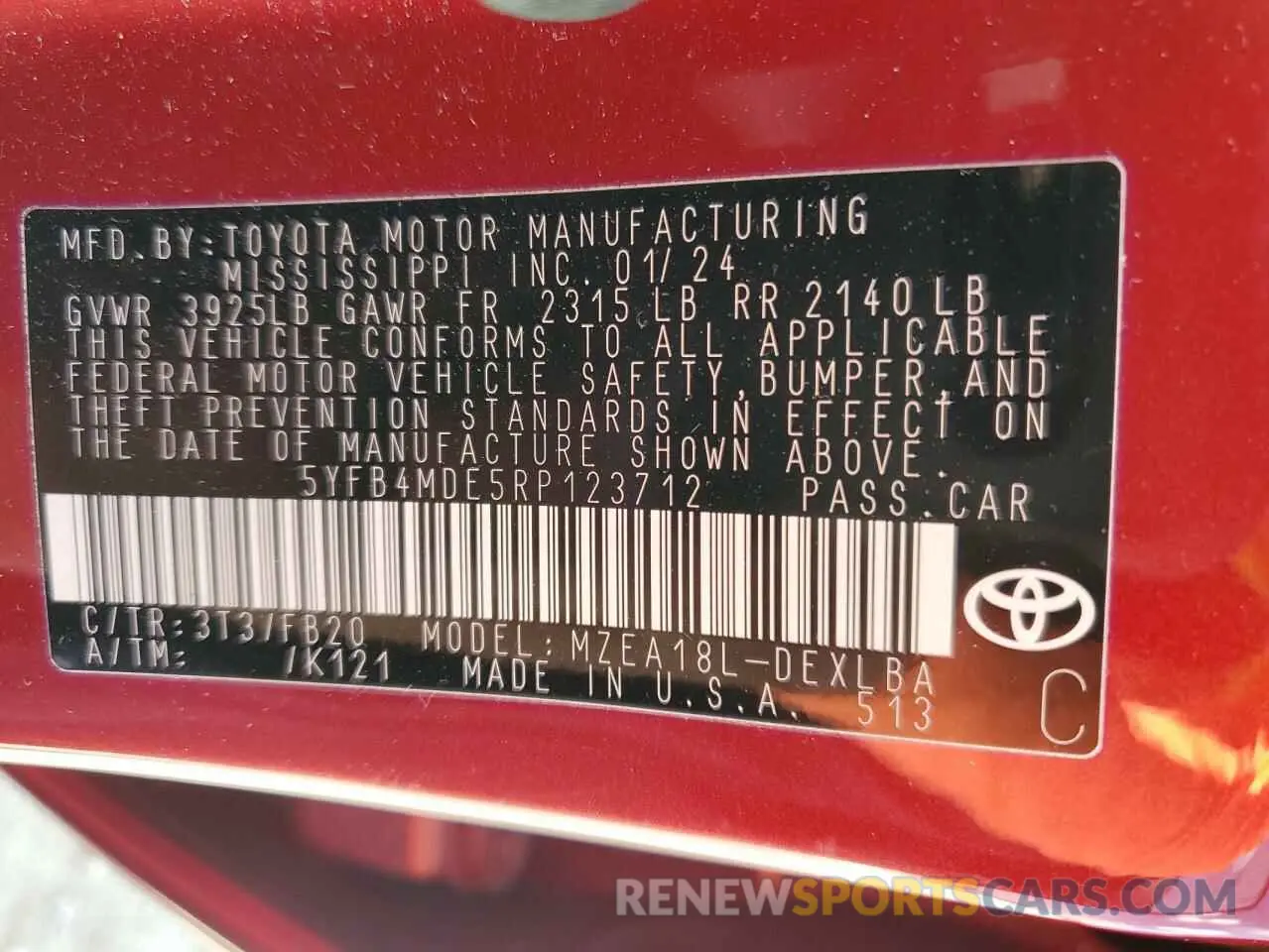 13 Photograph of a damaged car 5YFB4MDE5RP123712 TOYOTA COROLLA 2024