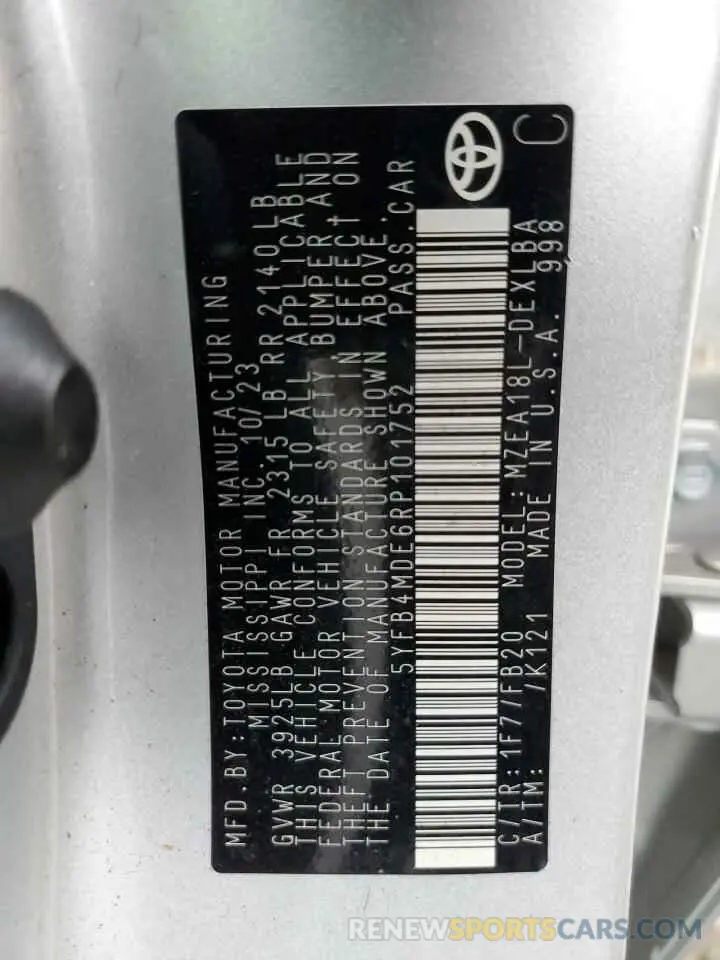 12 Фотография поврежденного автомобиля 5YFB4MDE6RP101752 TOYOTA COROLLA 2024