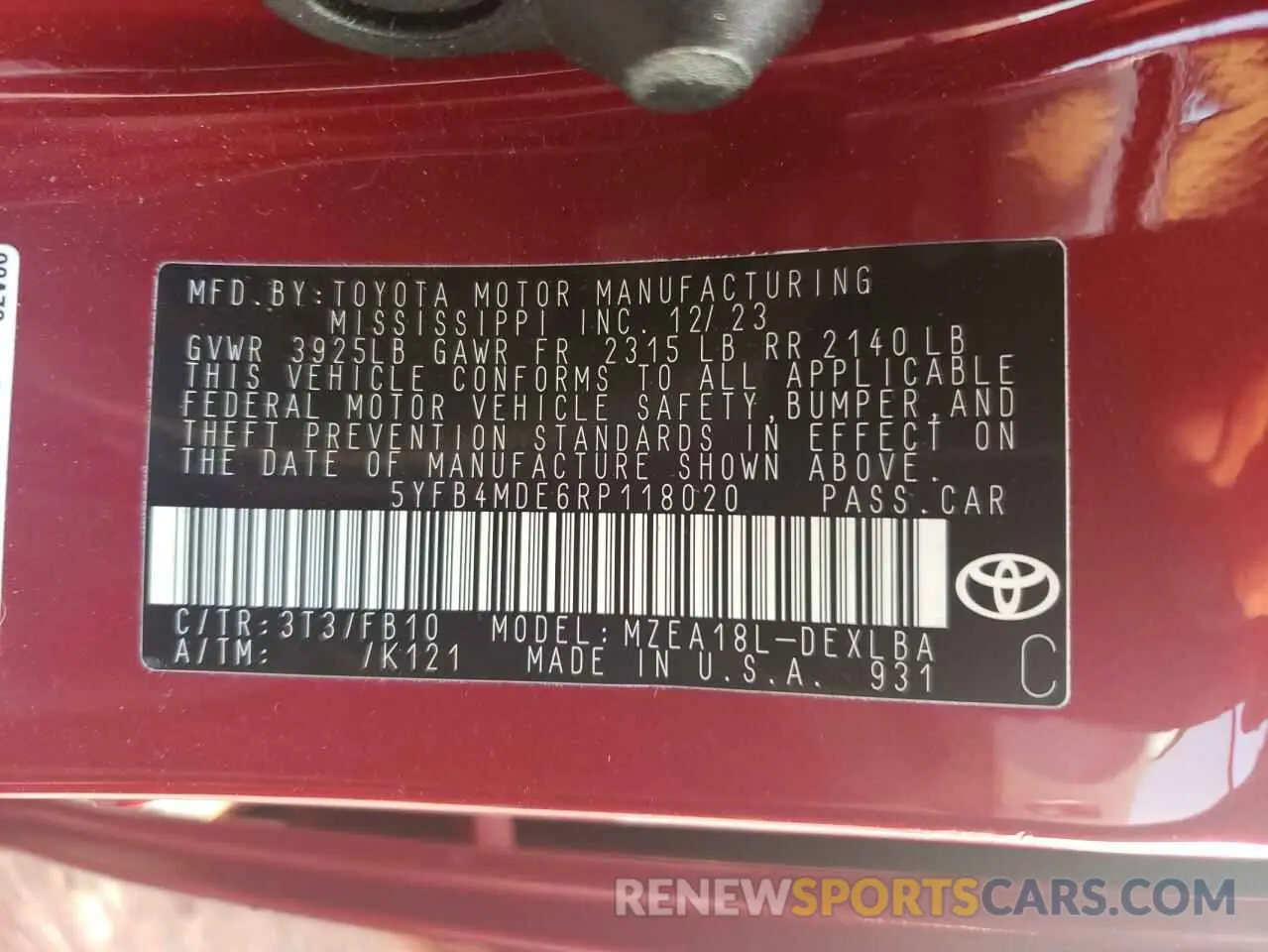 12 Photograph of a damaged car 5YFB4MDE6RP118020 TOYOTA COROLLA 2024