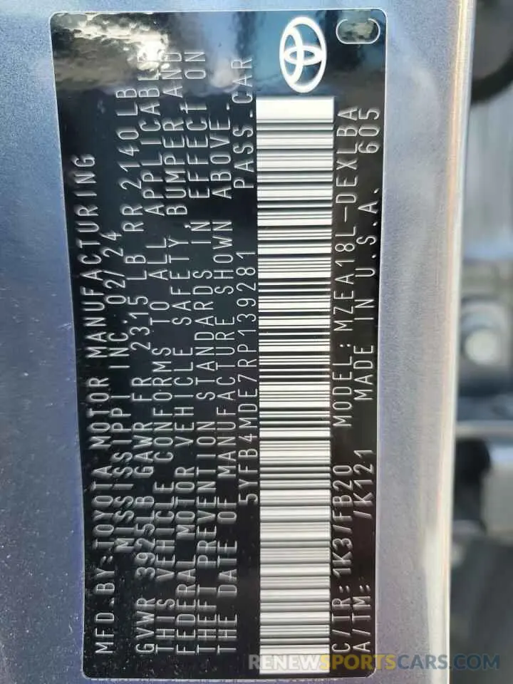 12 Фотография поврежденного автомобиля 5YFB4MDE7RP139281 TOYOTA COROLLA 2024