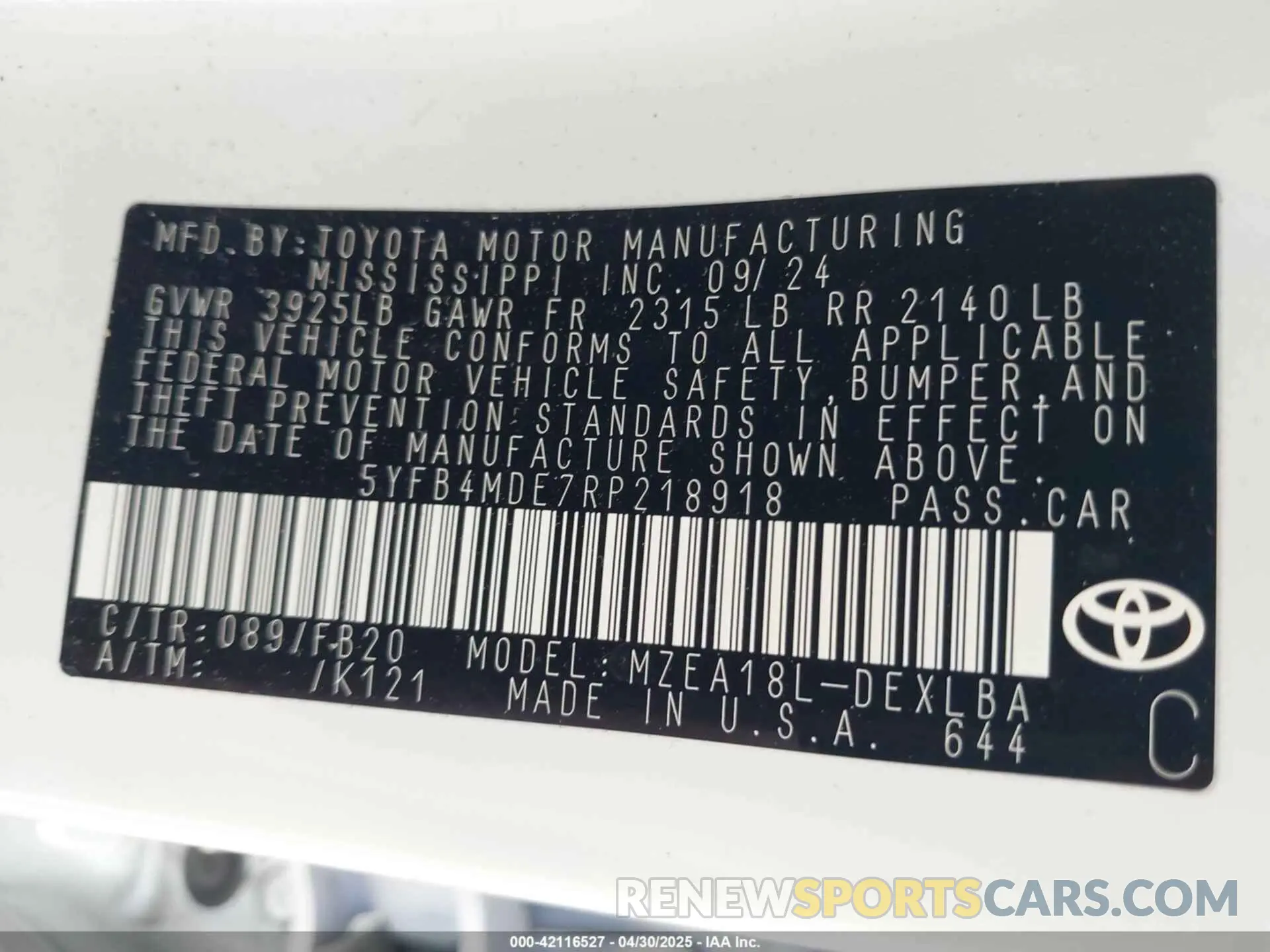 9 Фотография поврежденного автомобиля 5YFB4MDE7RP218918 TOYOTA COROLLA 2024