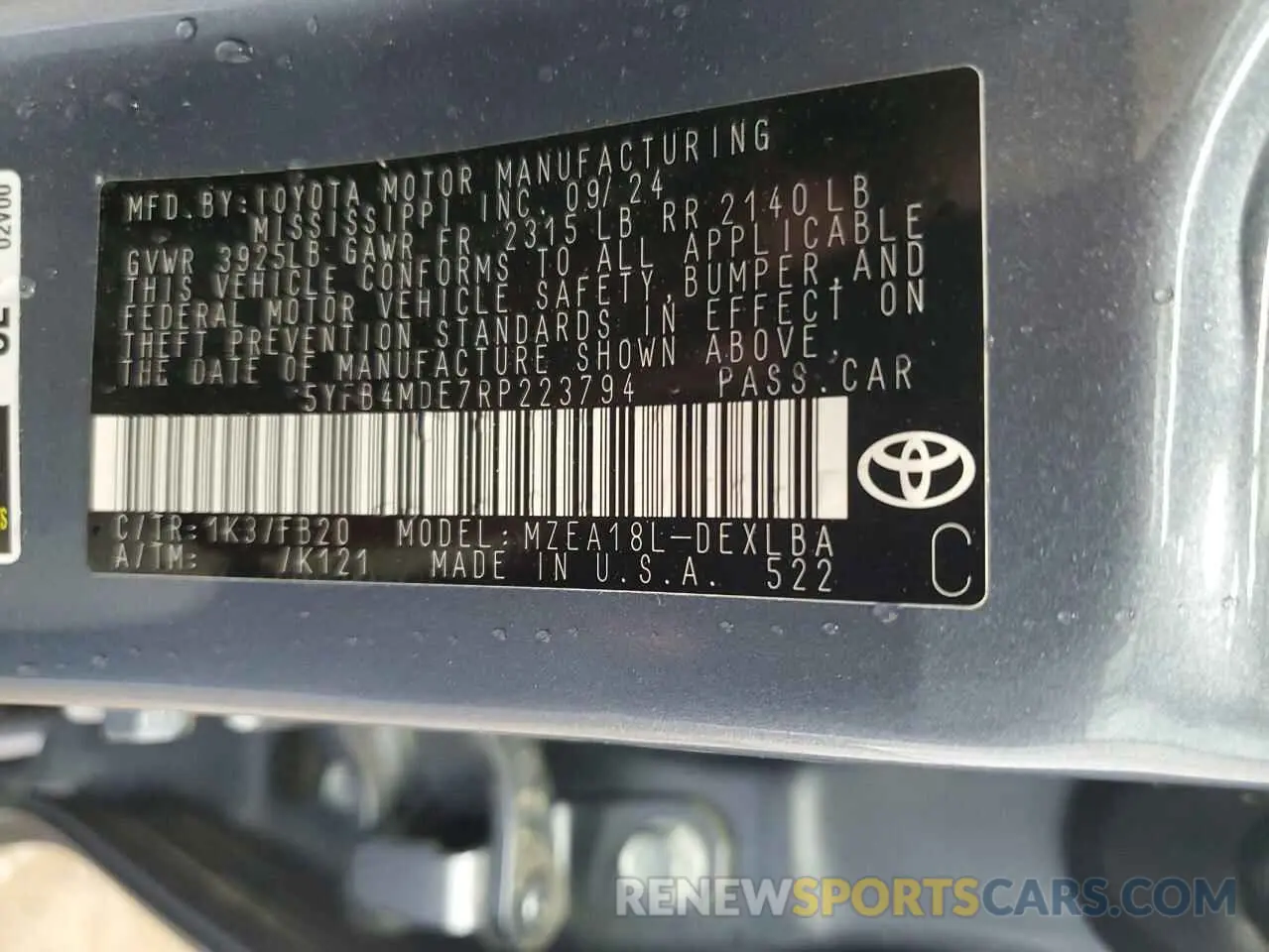 12 Фотография поврежденного автомобиля 5YFB4MDE7RP223794 TOYOTA COROLLA 2024