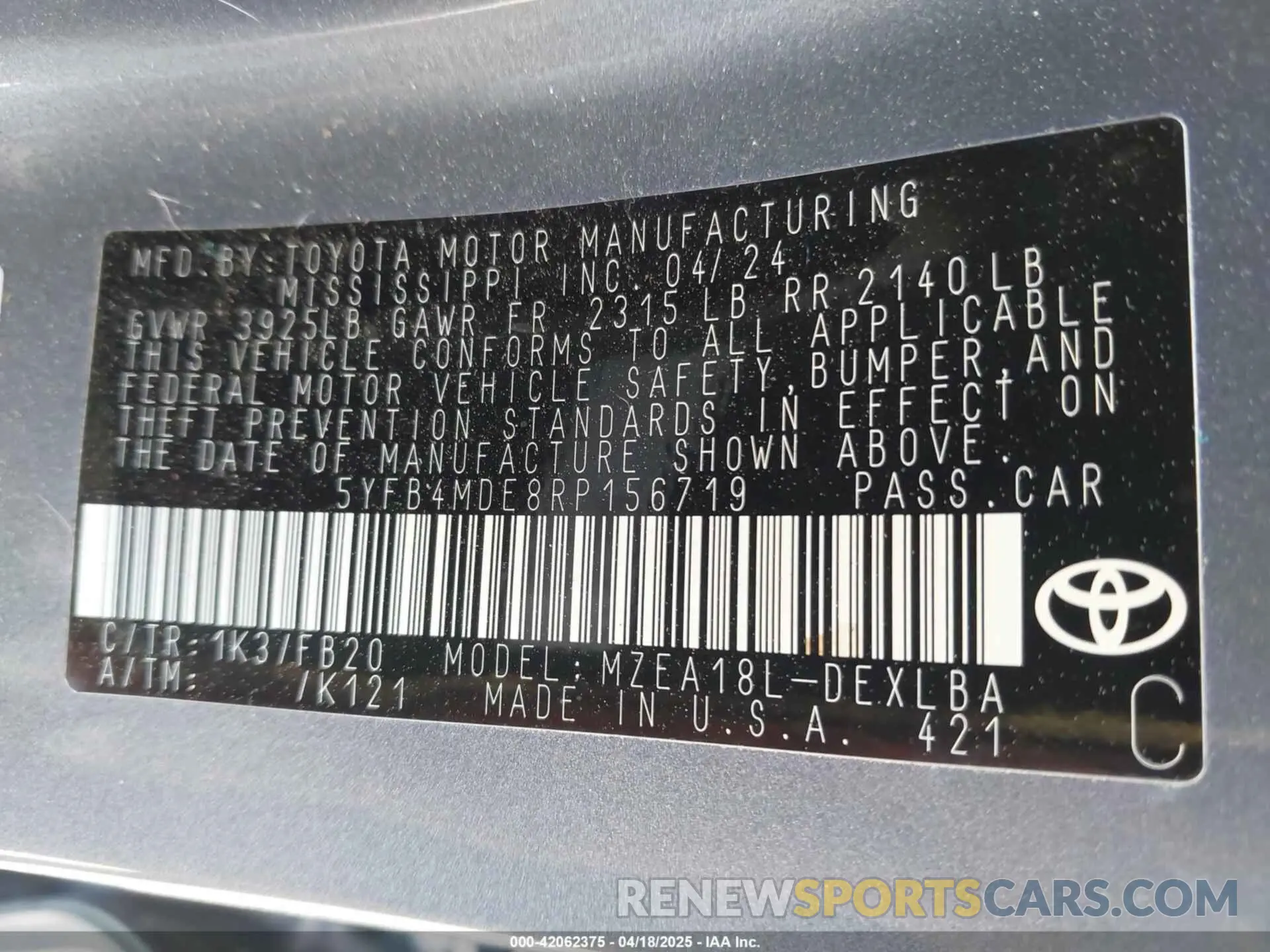9 Фотография поврежденного автомобиля 5YFB4MDE8RP156719 TOYOTA COROLLA 2024