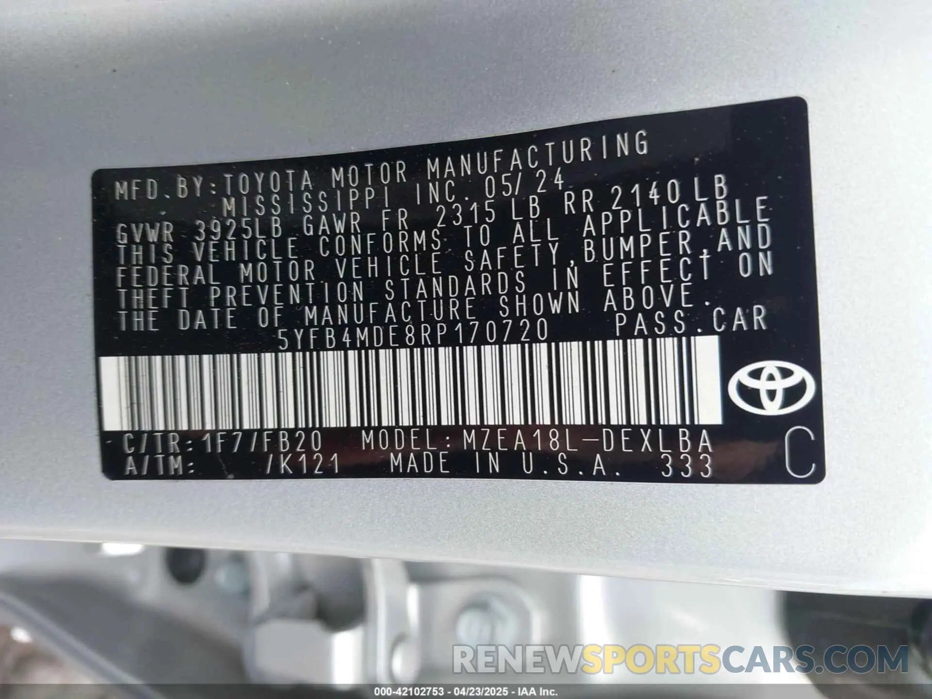 9 Фотография поврежденного автомобиля 5YFB4MDE8RP170720 TOYOTA COROLLA 2024