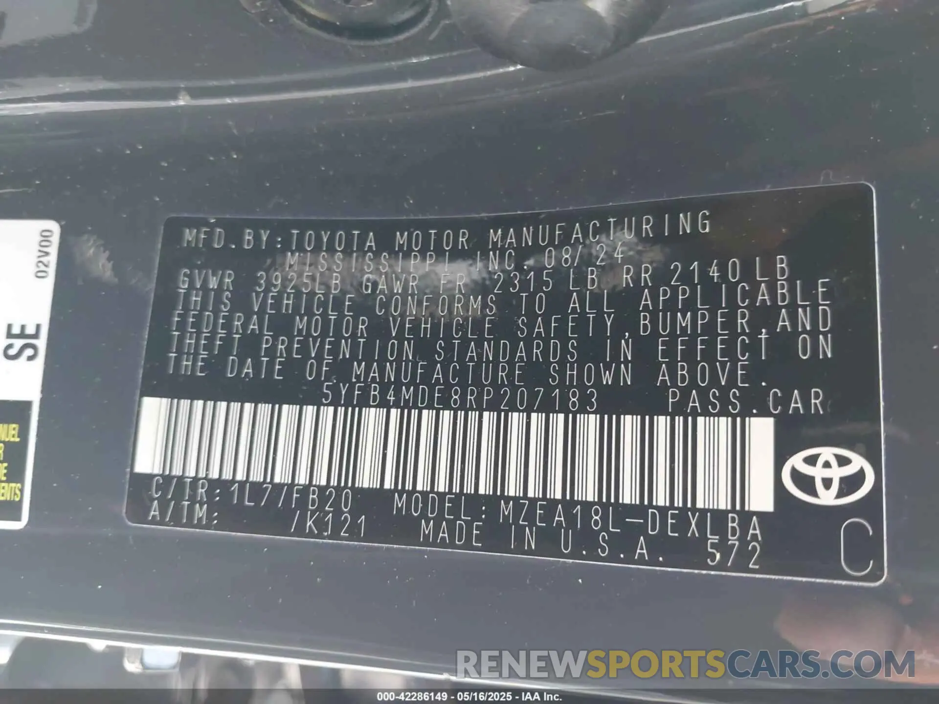 9 Фотография поврежденного автомобиля 5YFB4MDE8RP207183 TOYOTA COROLLA 2024