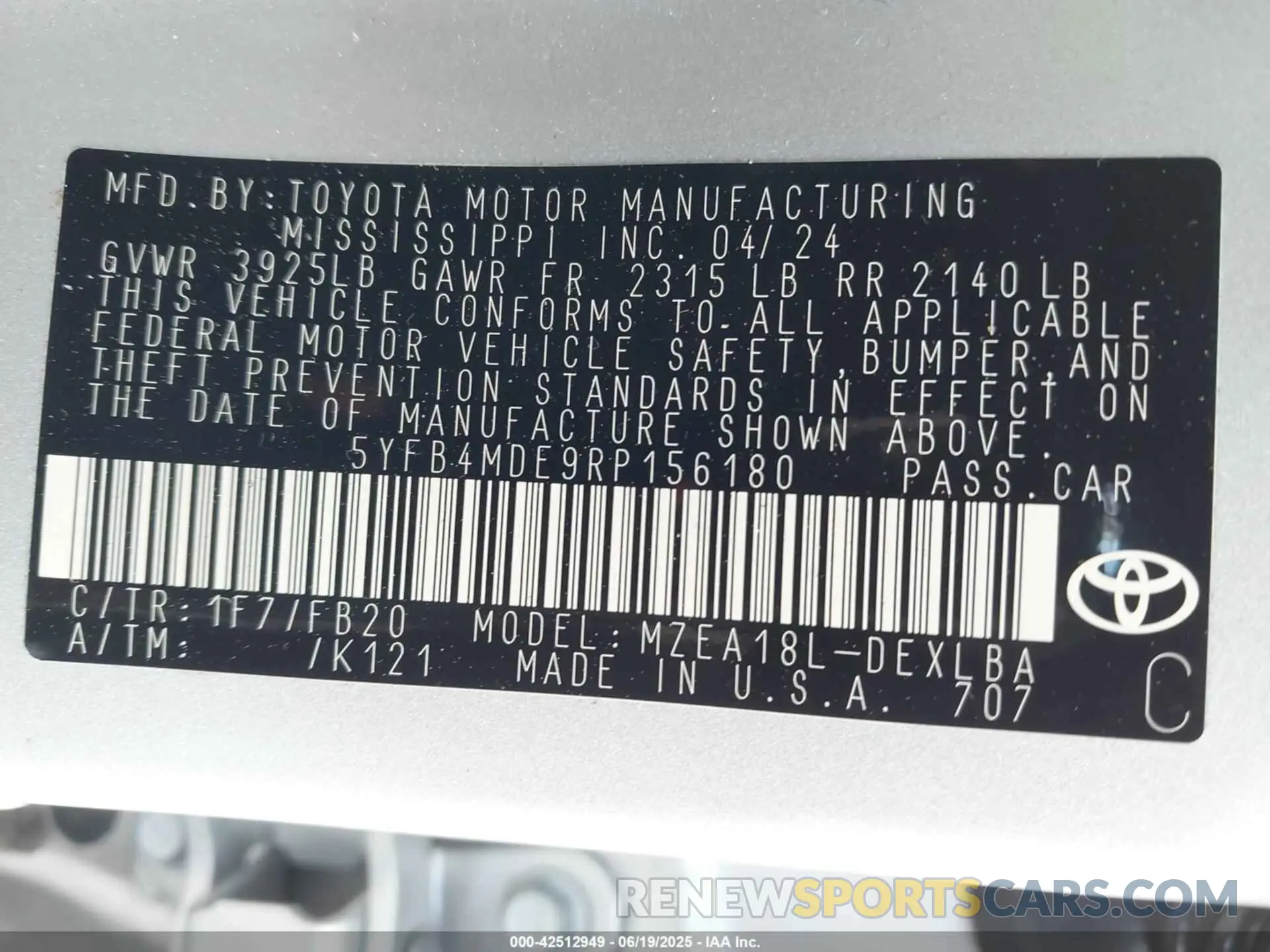 9 Фотография поврежденного автомобиля 5YFB4MDE9RP156180 TOYOTA COROLLA 2024