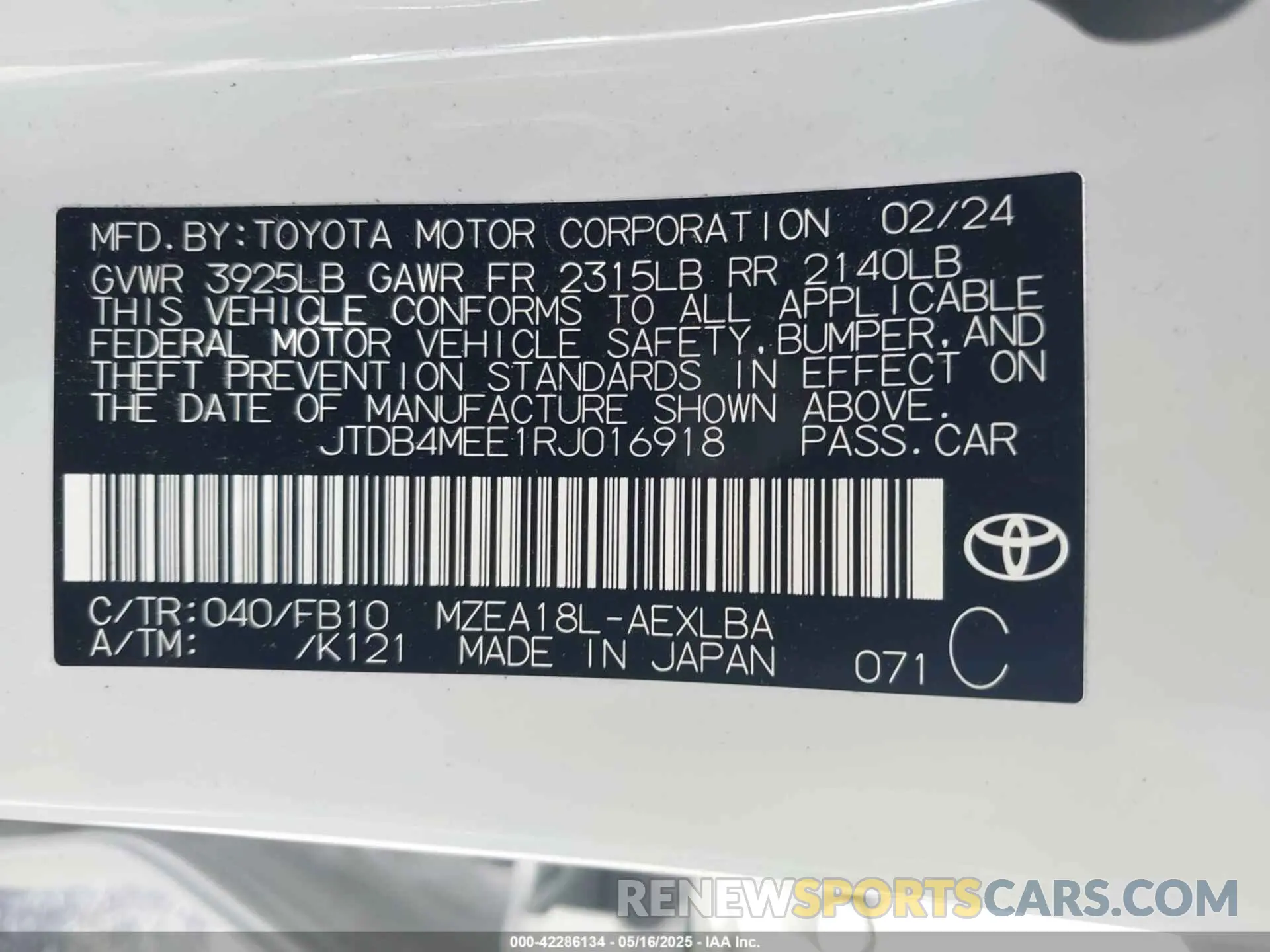 9 Фотография поврежденного автомобиля JTDB4MEE1RJ016918 TOYOTA COROLLA 2024
