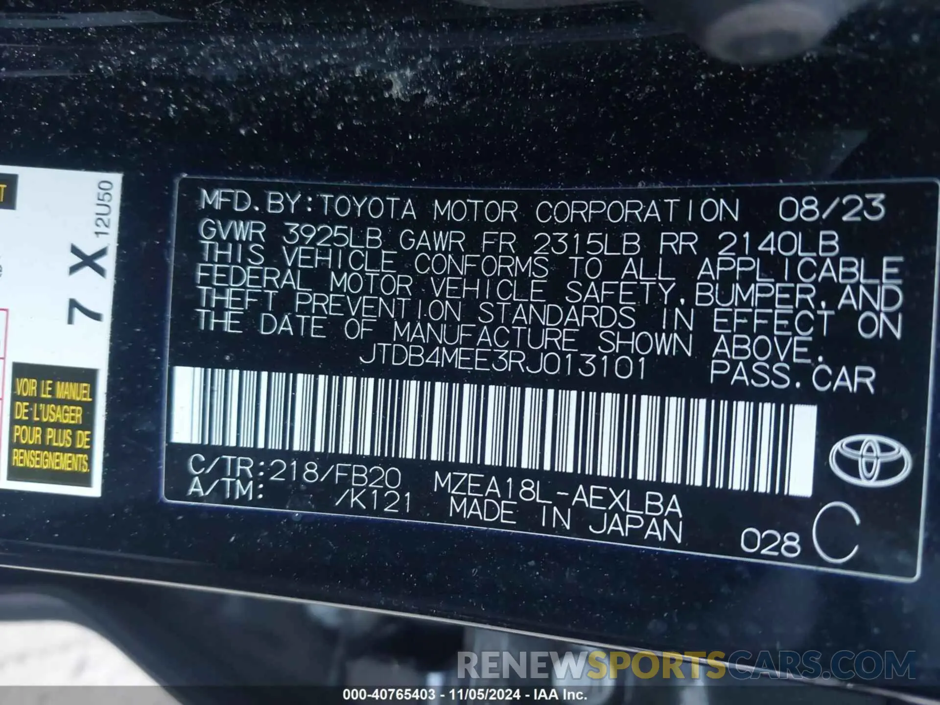 9 Photograph of a damaged car JTDB4MEE3RJ013101 TOYOTA COROLLA 2024