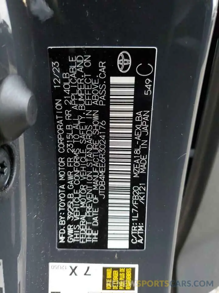 12 Фотография поврежденного автомобиля JTDB4MEE6R3024176 TOYOTA COROLLA 2024