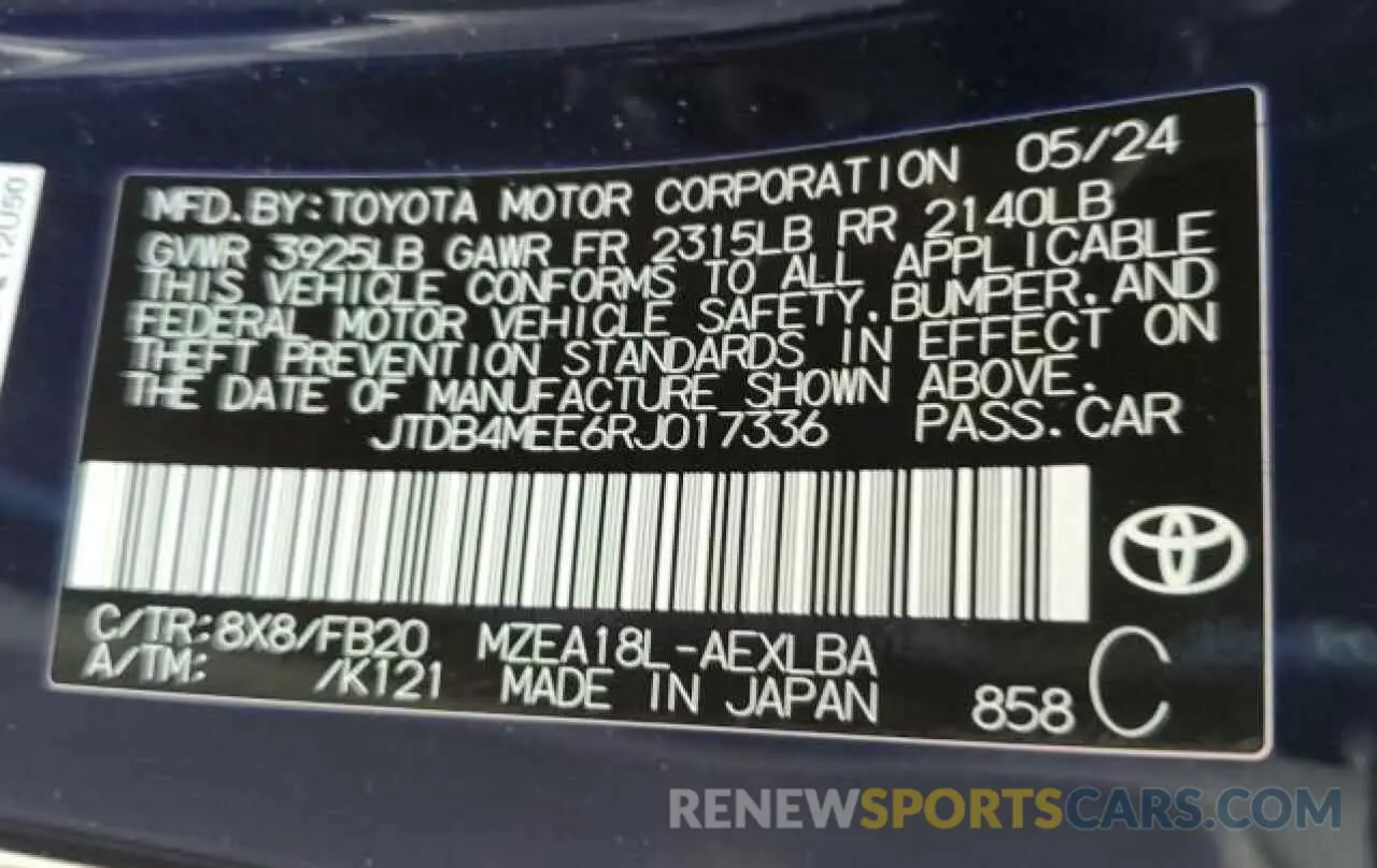 12 Фотография поврежденного автомобиля JTDB4MEE6RJ017336 TOYOTA COROLLA 2024