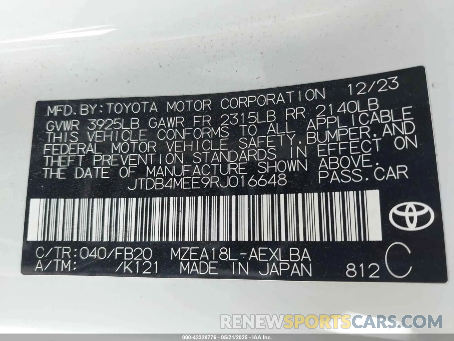 9 Photograph of a damaged car JTDB4MEE9RJ016648 TOYOTA COROLLA 2024