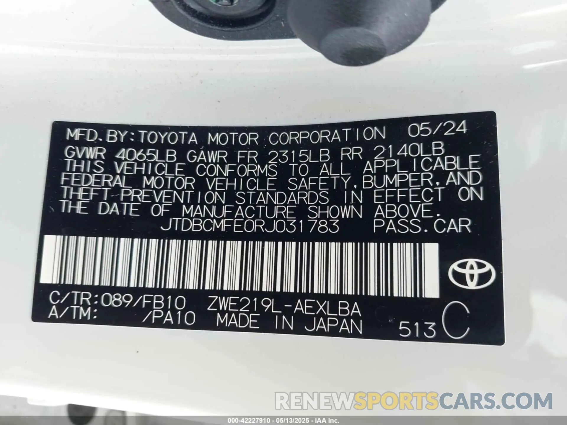 9 Фотография поврежденного автомобиля JTDBCMFE0RJ031783 TOYOTA COROLLA 2024