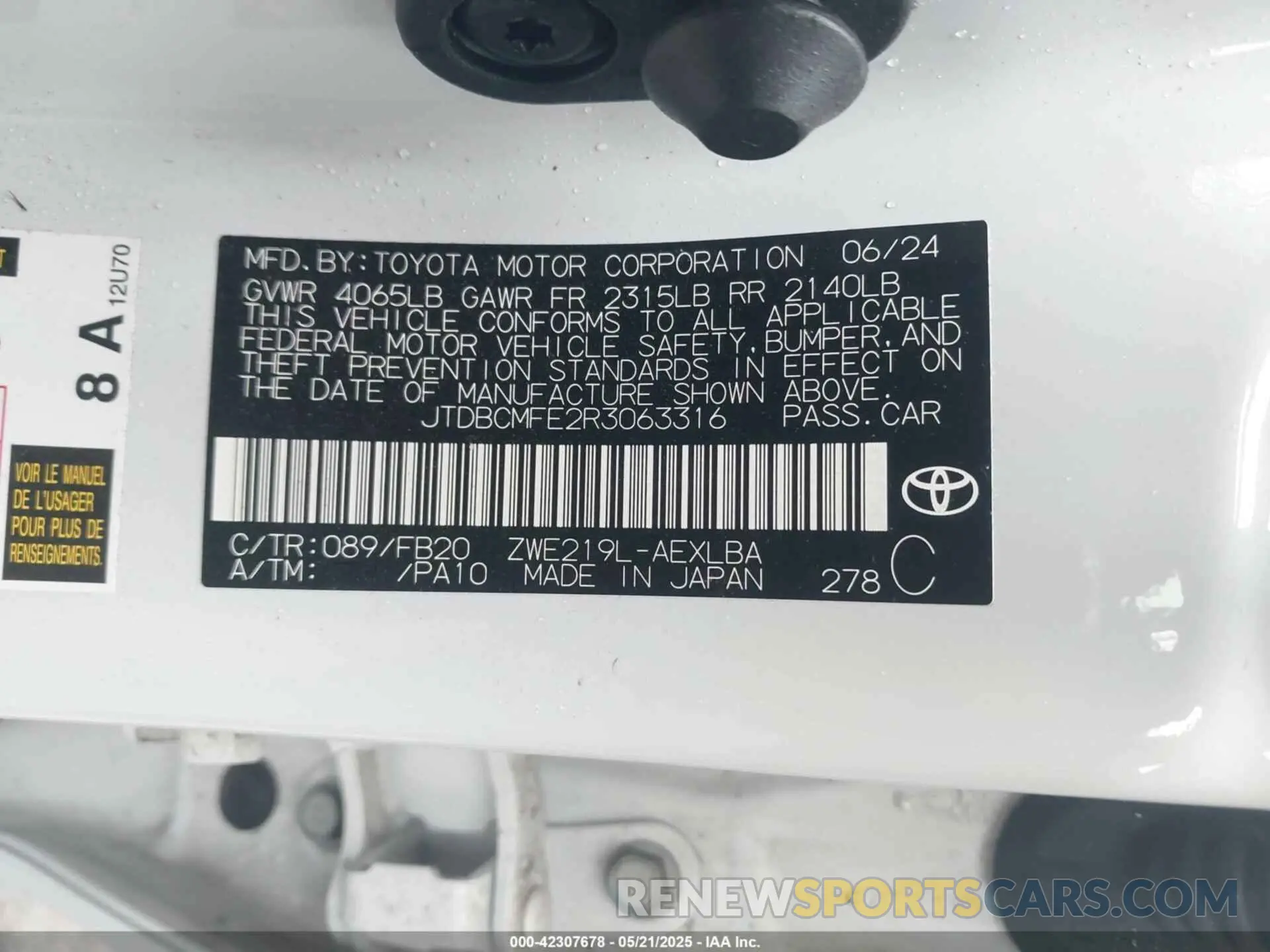 9 Фотография поврежденного автомобиля JTDBCMFE2R3063316 TOYOTA COROLLA 2024