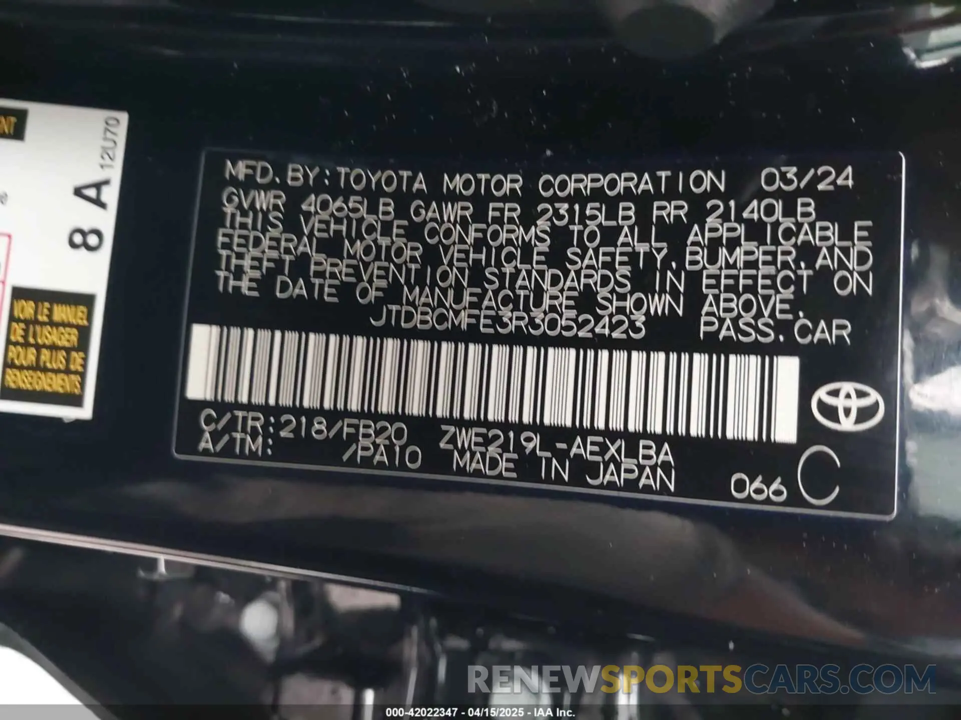 9 Фотография поврежденного автомобиля JTDBCMFE3R3052423 TOYOTA COROLLA 2024