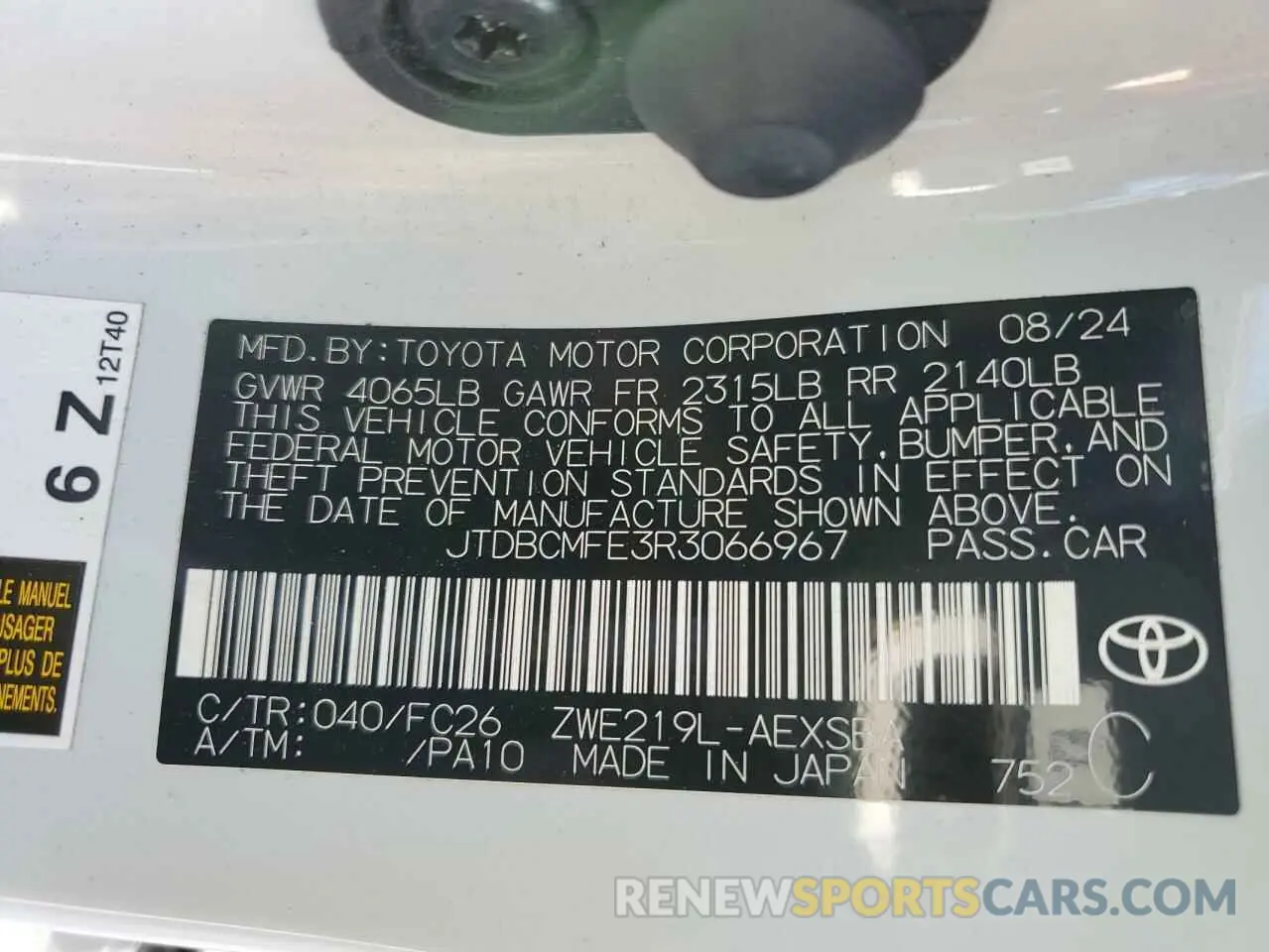 12 Photograph of a damaged car JTDBCMFE3R3066967 TOYOTA COROLLA 2024