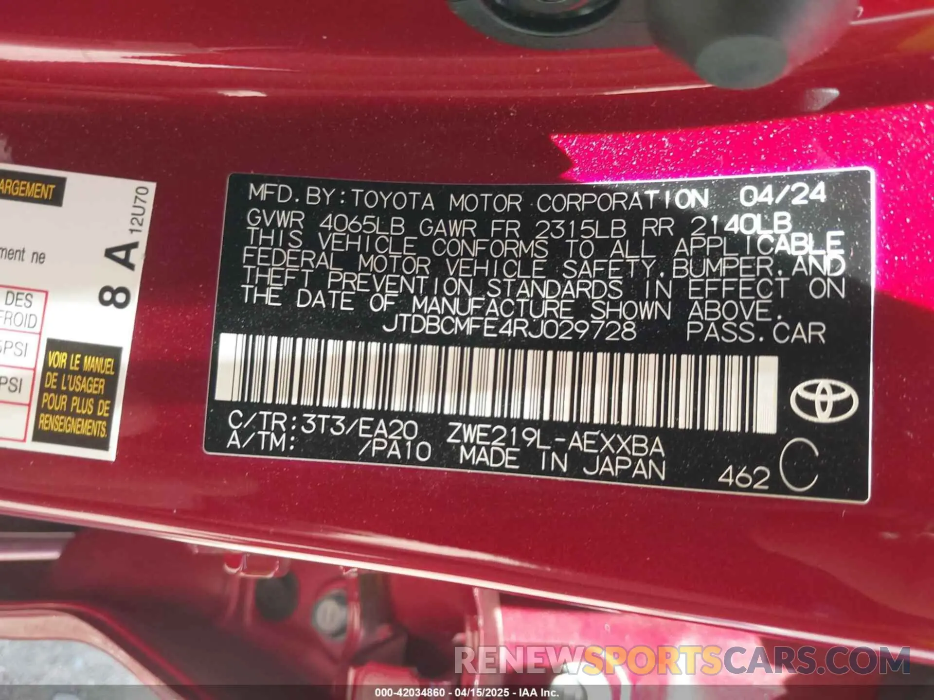 9 Фотография поврежденного автомобиля JTDBCMFE4RJ029728 TOYOTA COROLLA 2024