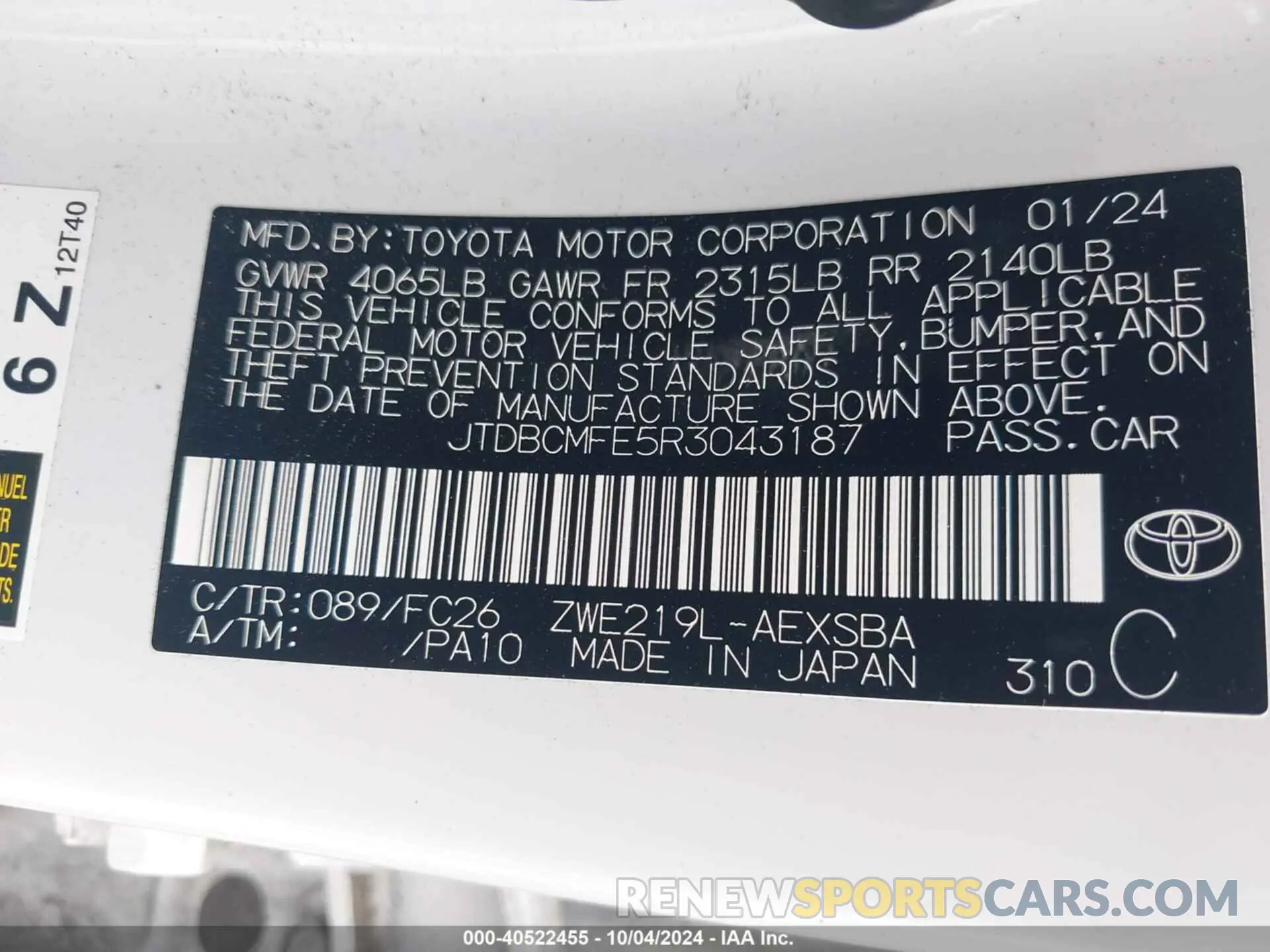 9 Фотография поврежденного автомобиля JTDBCMFE5R3043187 TOYOTA COROLLA 2024