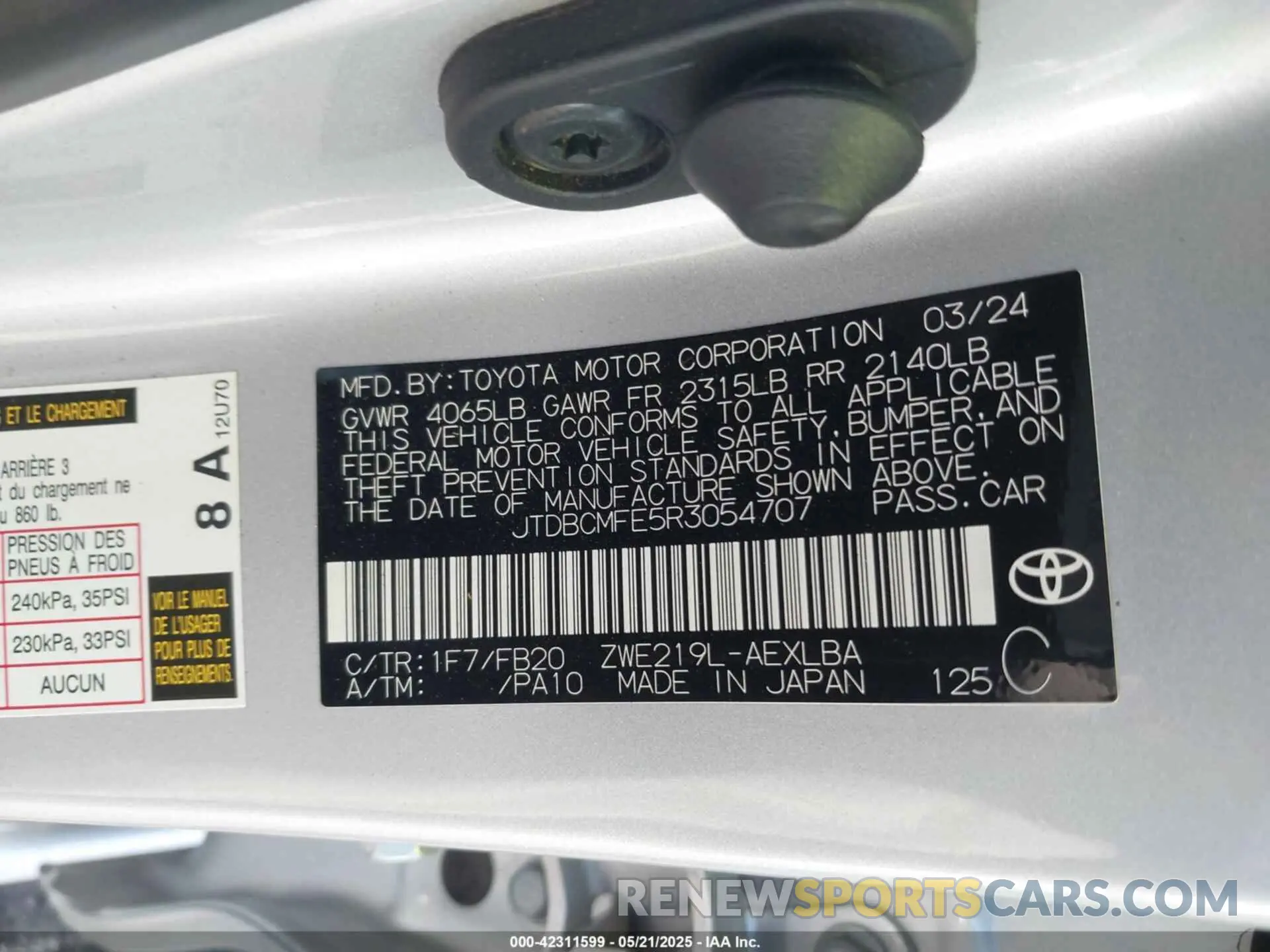 9 Фотография поврежденного автомобиля JTDBCMFE5R3054707 TOYOTA COROLLA 2024
