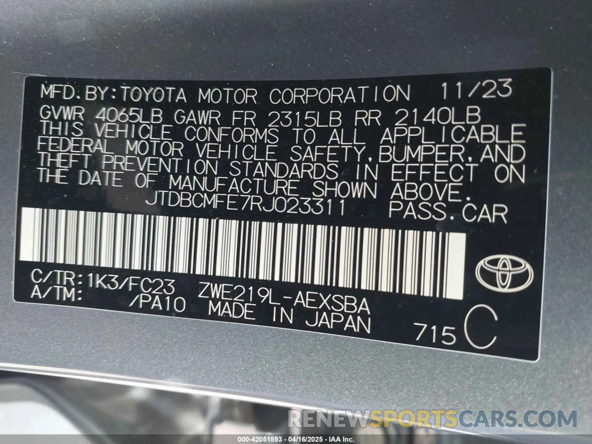 9 Фотография поврежденного автомобиля JTDBCMFE7RJ023311 TOYOTA COROLLA 2024