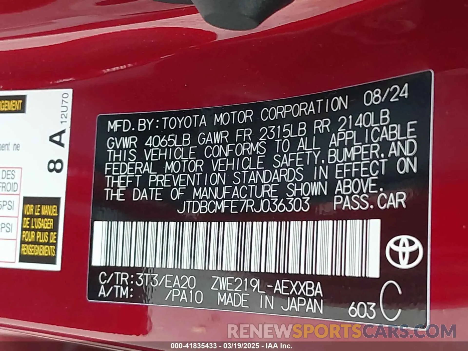 9 Фотография поврежденного автомобиля JTDBCMFE7RJ036303 TOYOTA COROLLA 2024