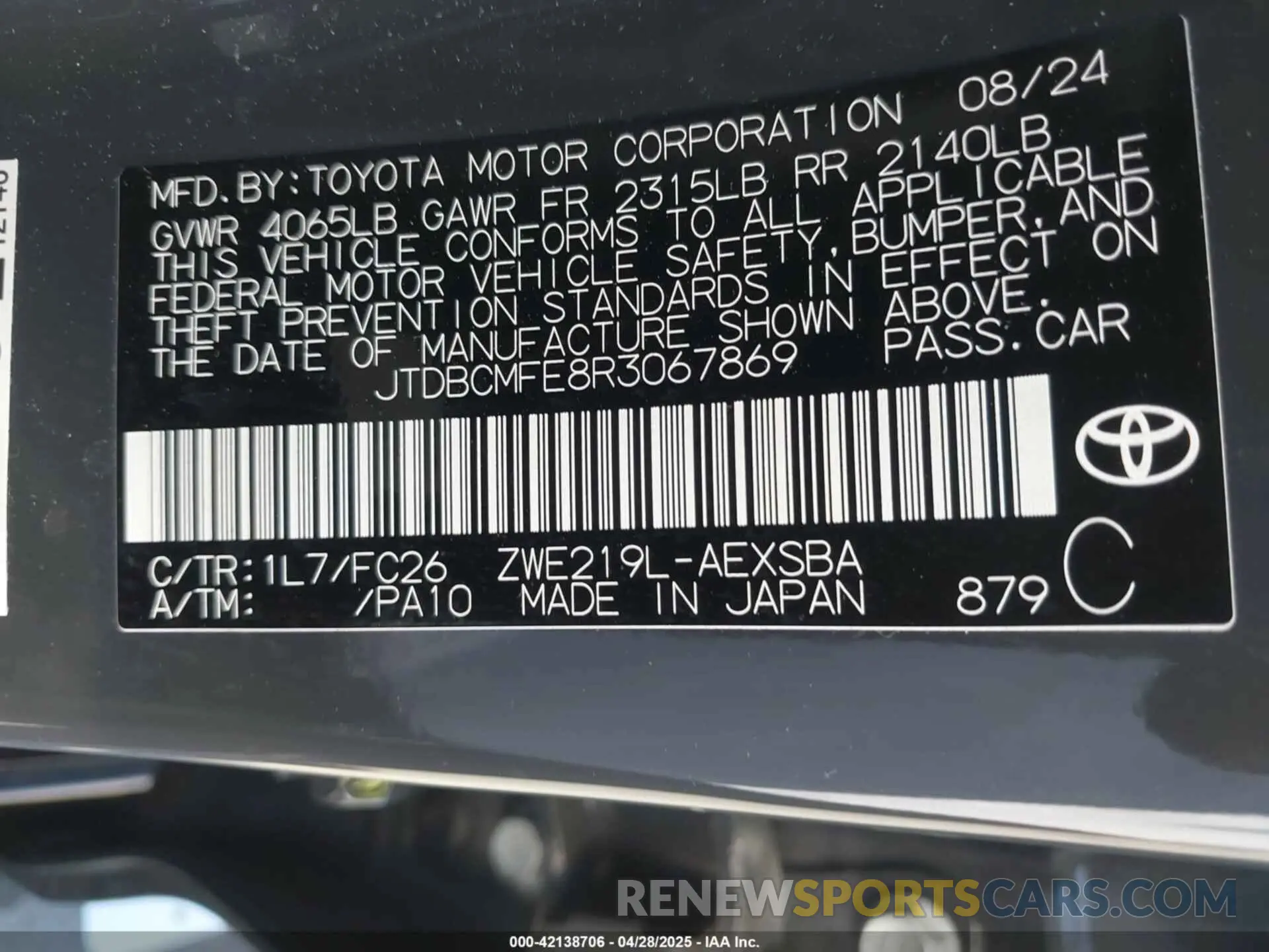 9 Фотография поврежденного автомобиля JTDBCMFE8R3067869 TOYOTA COROLLA 2024