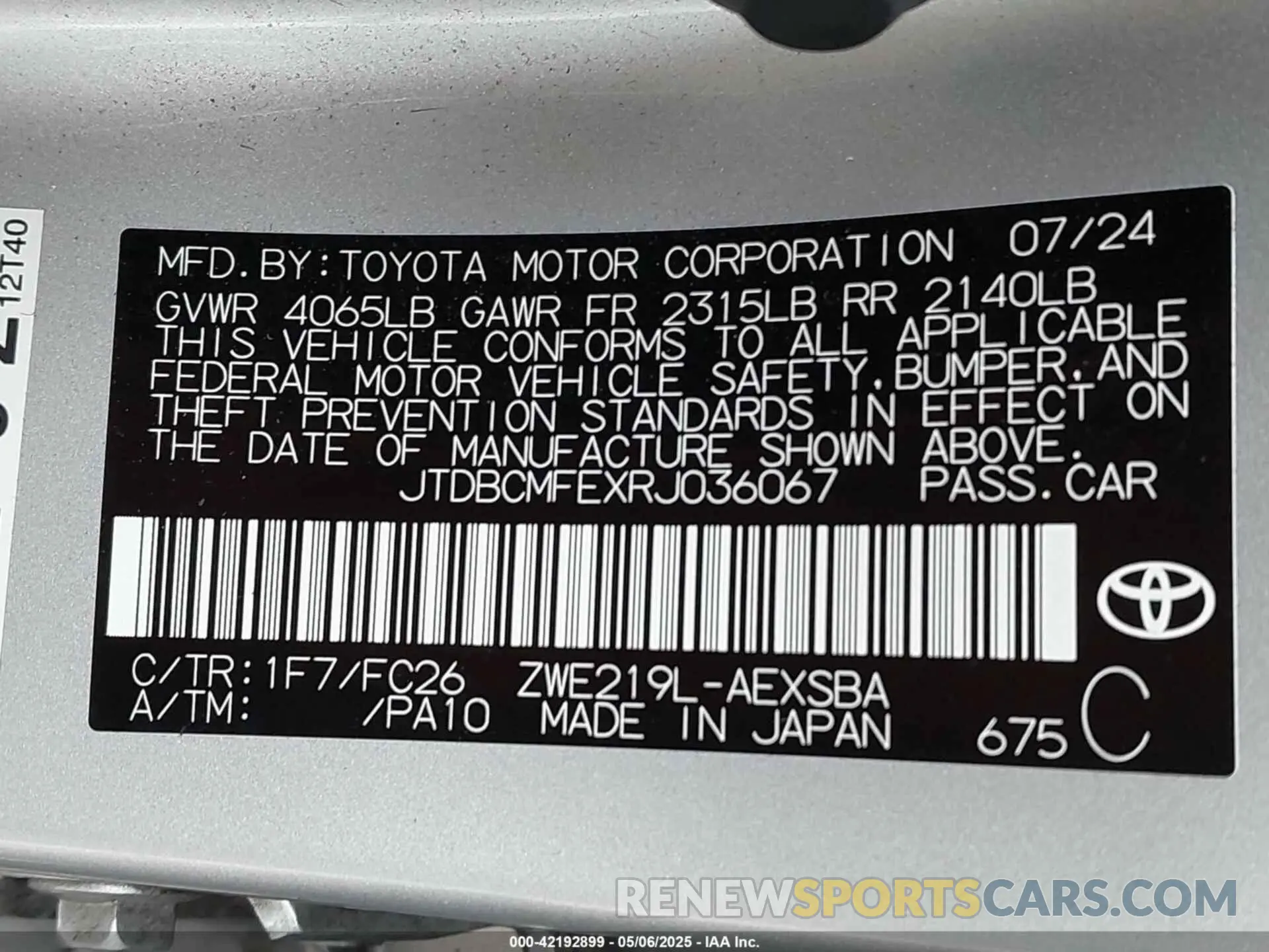 9 Фотография поврежденного автомобиля JTDBCMFEXRJ036067 TOYOTA COROLLA 2024