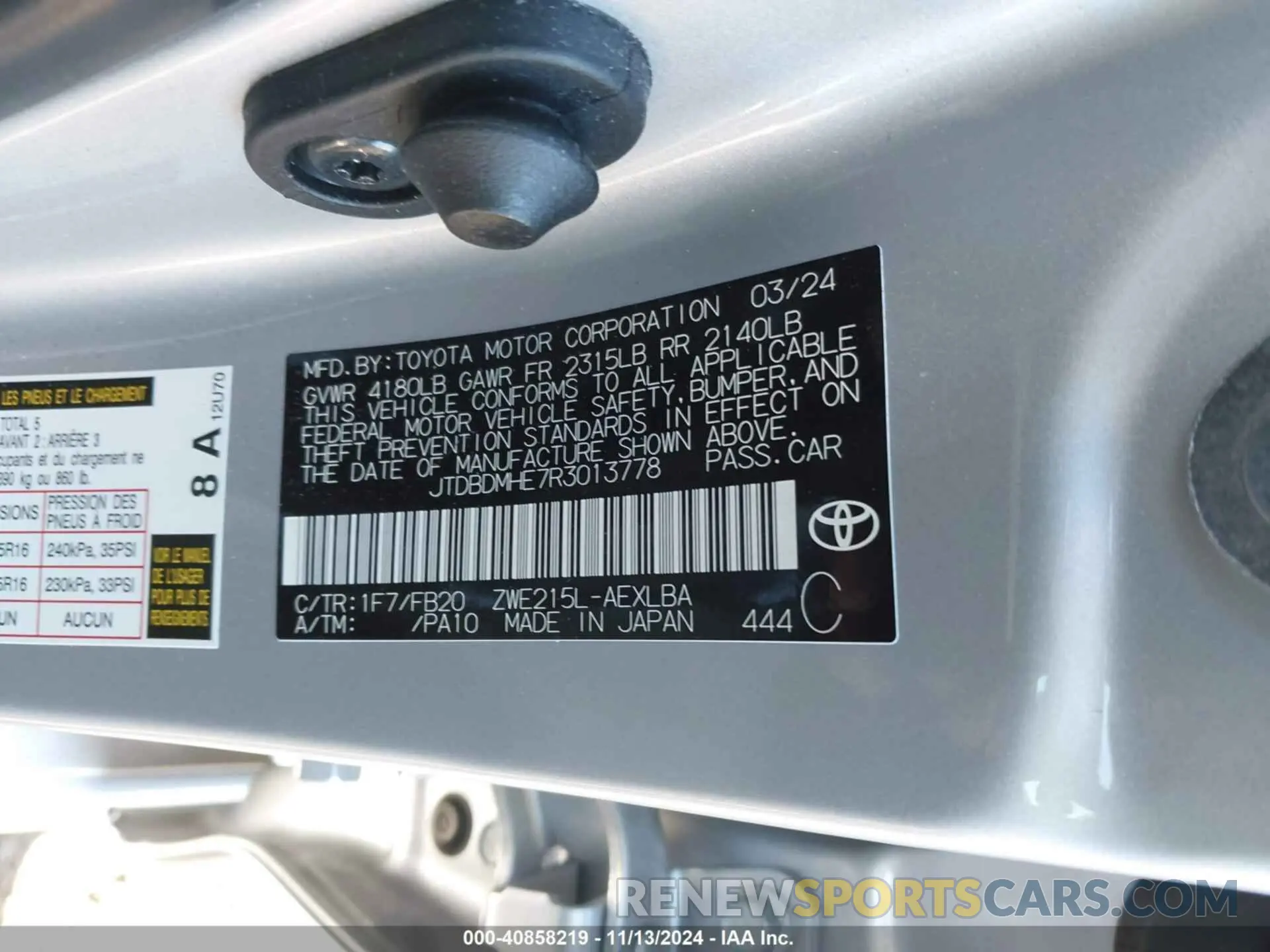 9 Photograph of a damaged car JTDBDMHE7R3013778 TOYOTA COROLLA 2024
