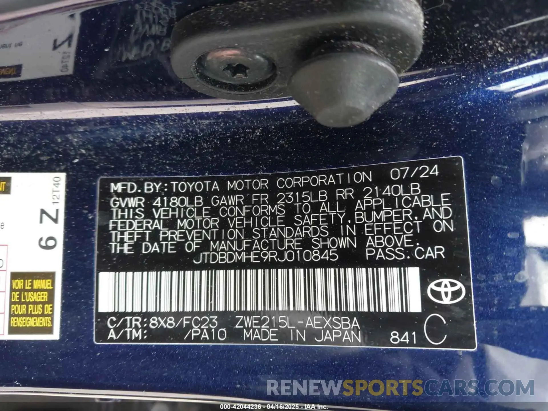 9 Фотография поврежденного автомобиля JTDBDMHE9RJ010845 TOYOTA COROLLA 2024