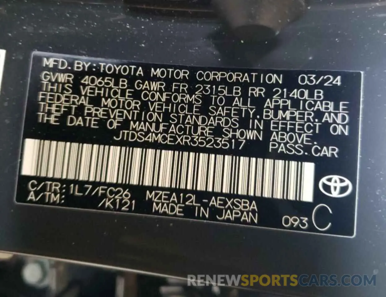 12 Photograph of a damaged car JTDS4MCEXR3523517 TOYOTA COROLLA 2024