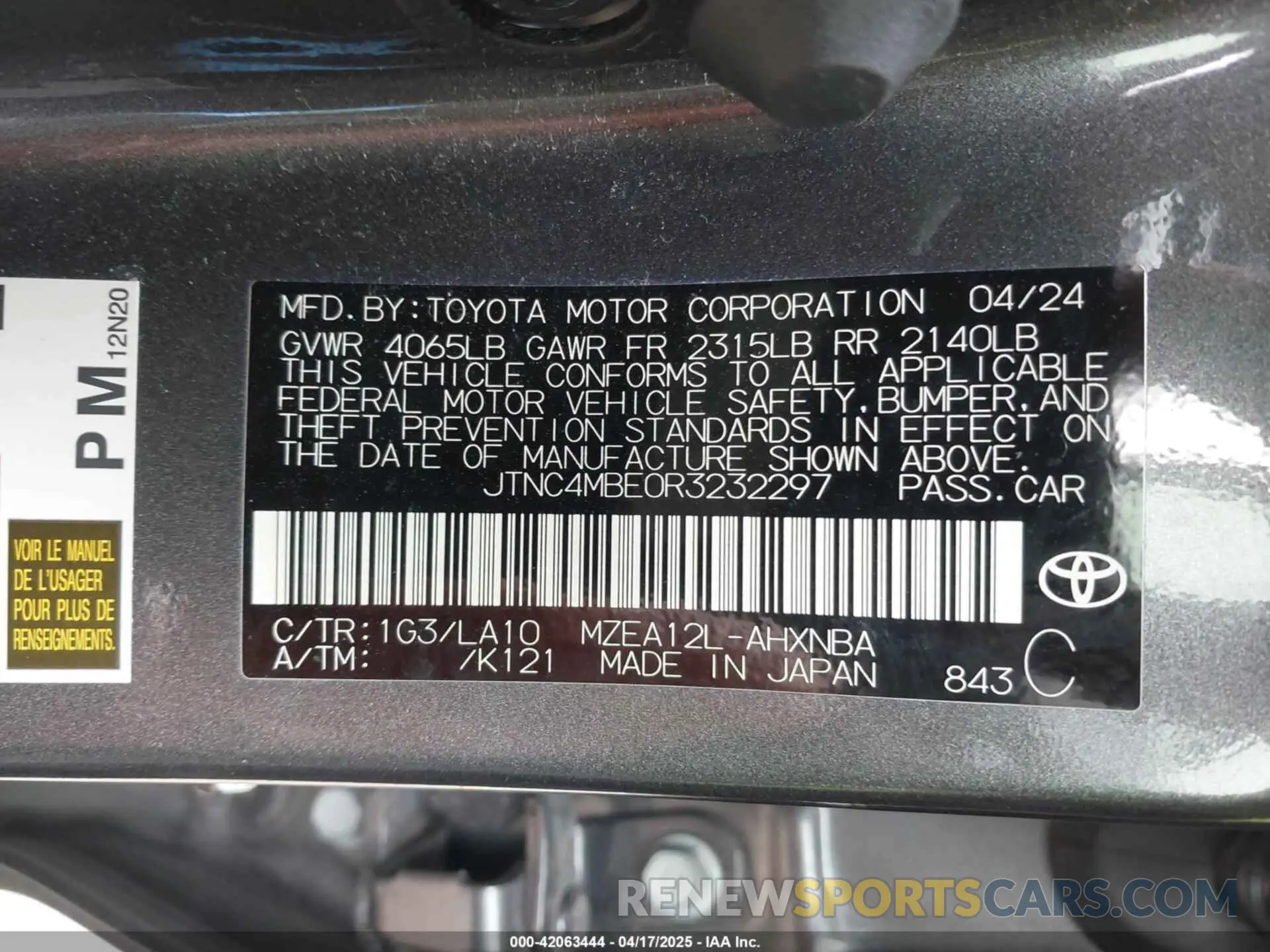 9 Фотография поврежденного автомобиля JTNC4MBE0R3232297 TOYOTA COROLLA 2024