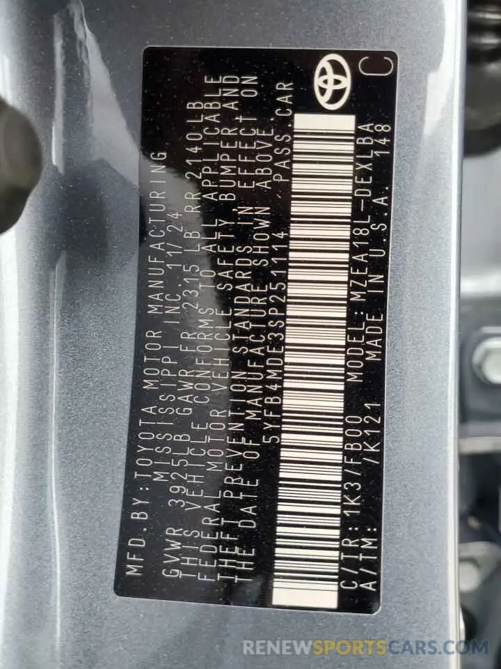 12 Фотография поврежденного автомобиля 5YFB4MDE3SP251114 TOYOTA COROLLA 2025
