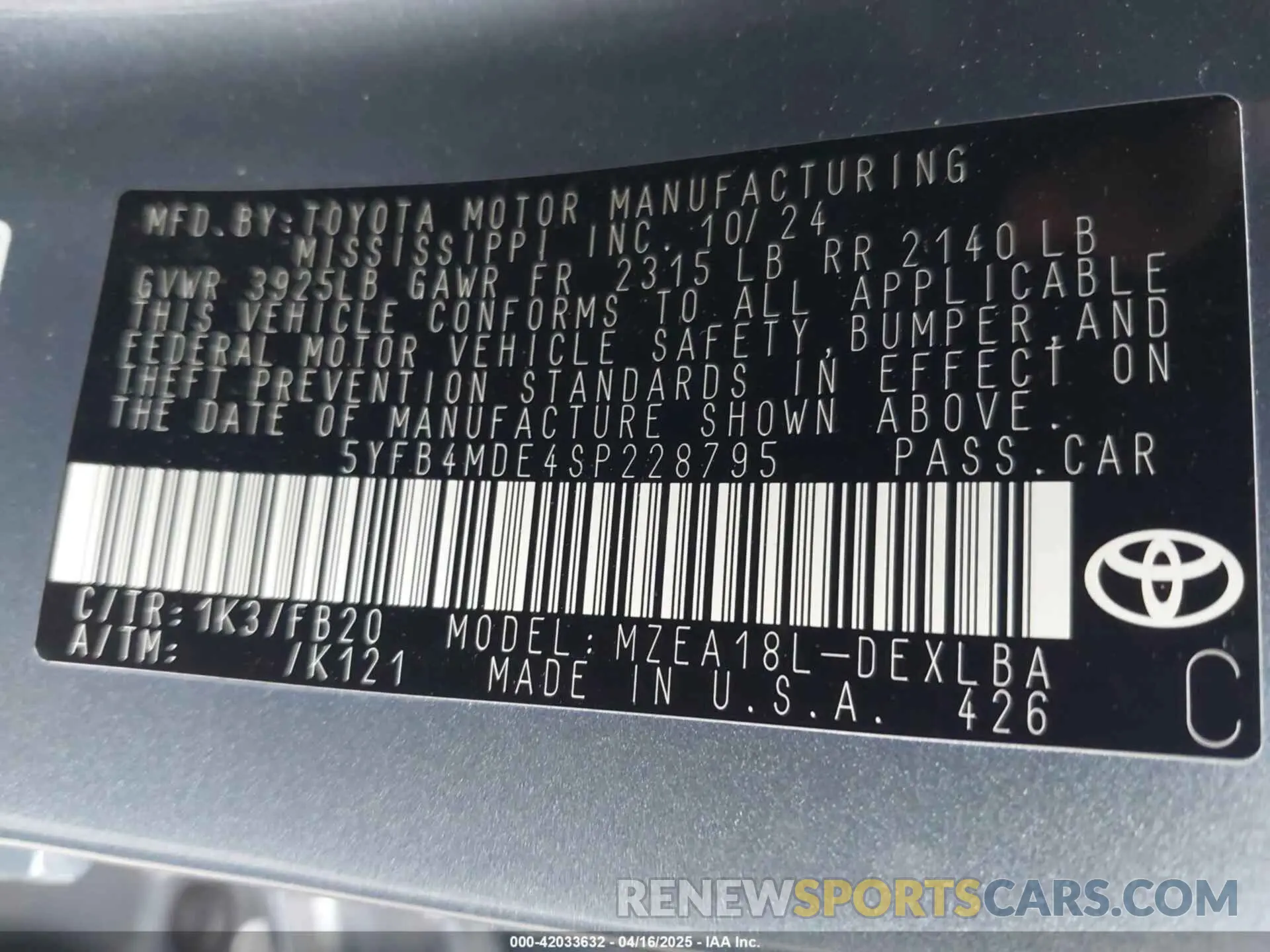 9 Фотография поврежденного автомобиля 5YFB4MDE4SP228795 TOYOTA COROLLA 2025