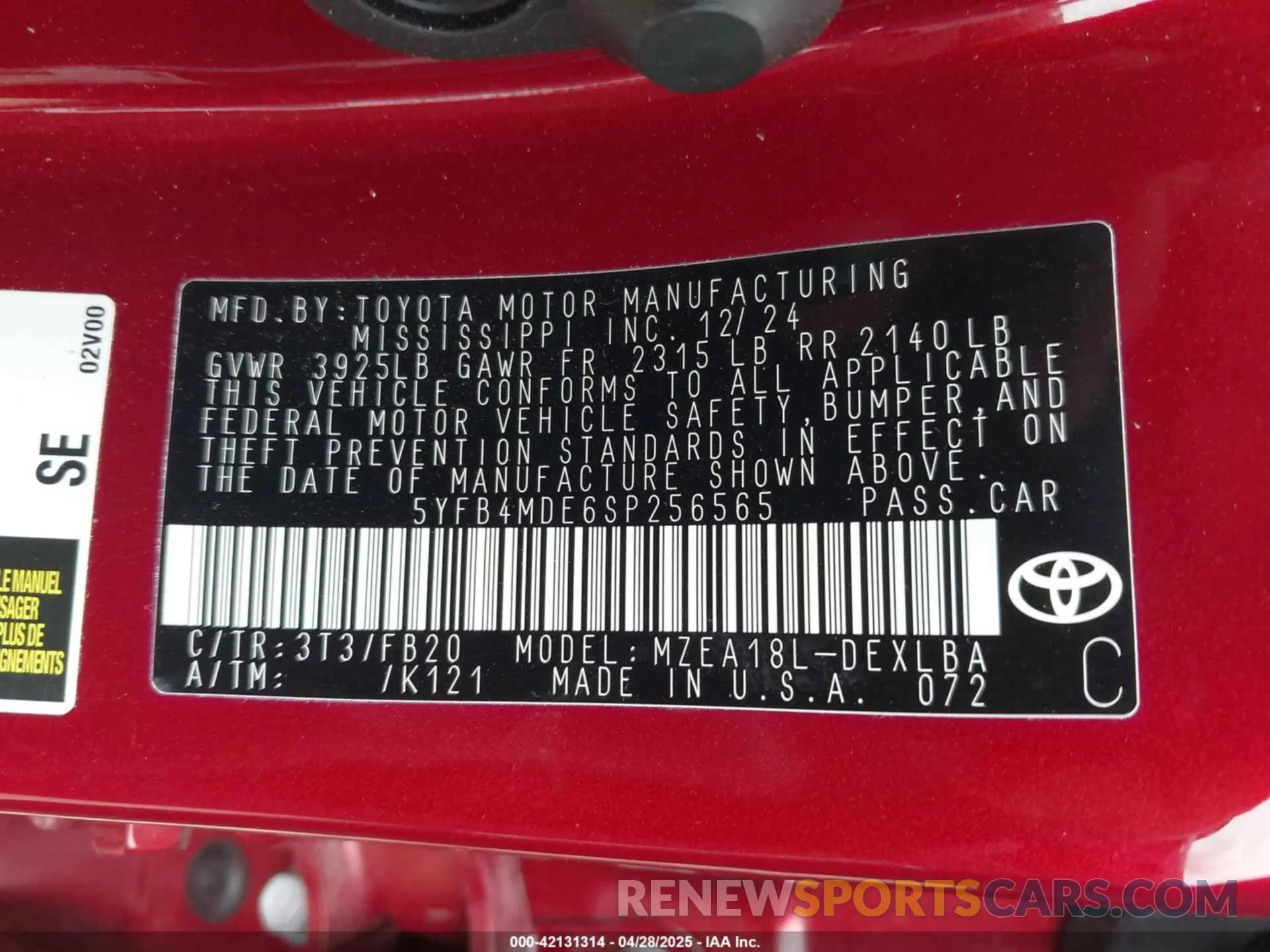 9 Фотография поврежденного автомобиля 5YFB4MDE6SP256565 TOYOTA COROLLA 2025