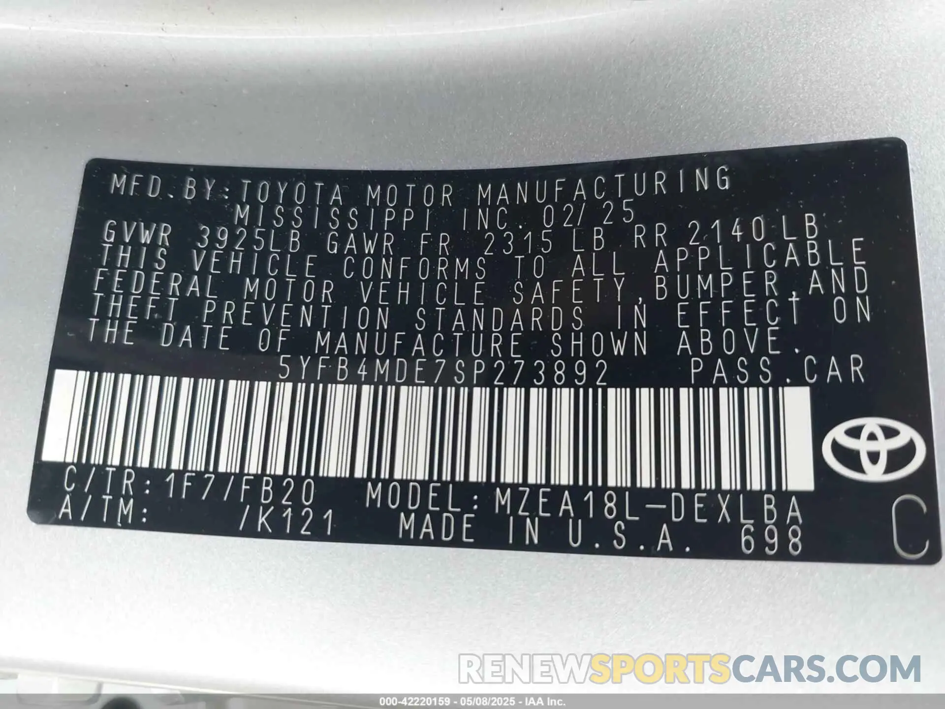 9 Photograph of a damaged car 5YFB4MDE7SP273892 TOYOTA COROLLA 2025
