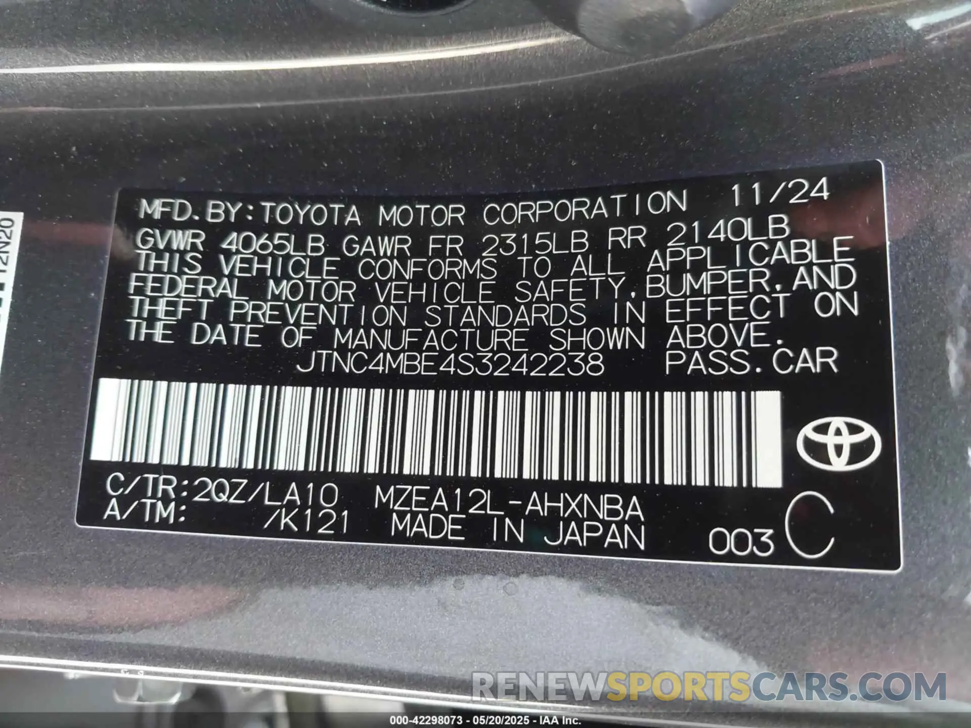 9 Фотография поврежденного автомобиля JTNC4MBE4S3242238 TOYOTA COROLLA 2025