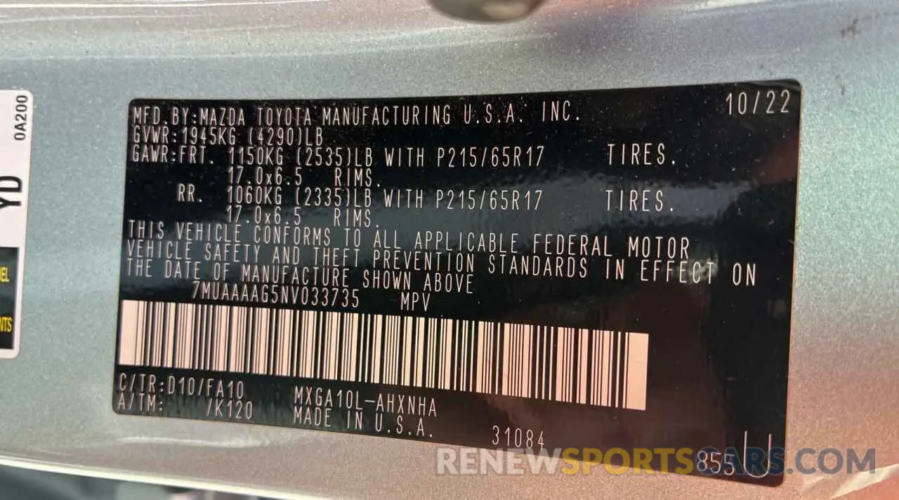10 Фотография поврежденного автомобиля 7MUAAAAG5NV033735 TOYOTA COROLLA CR 2022